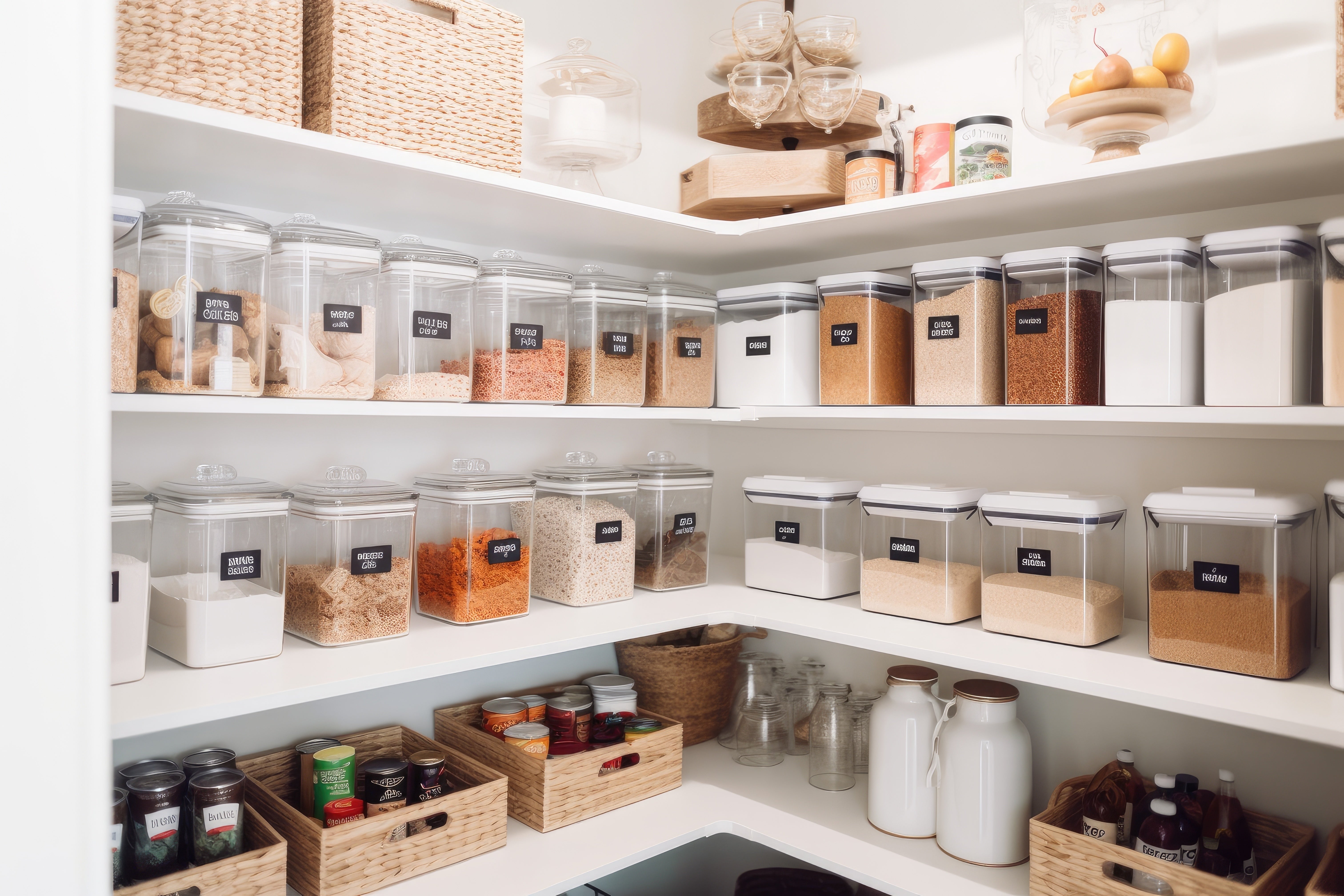 Organized pantry with labeled containers and baskets for food storage