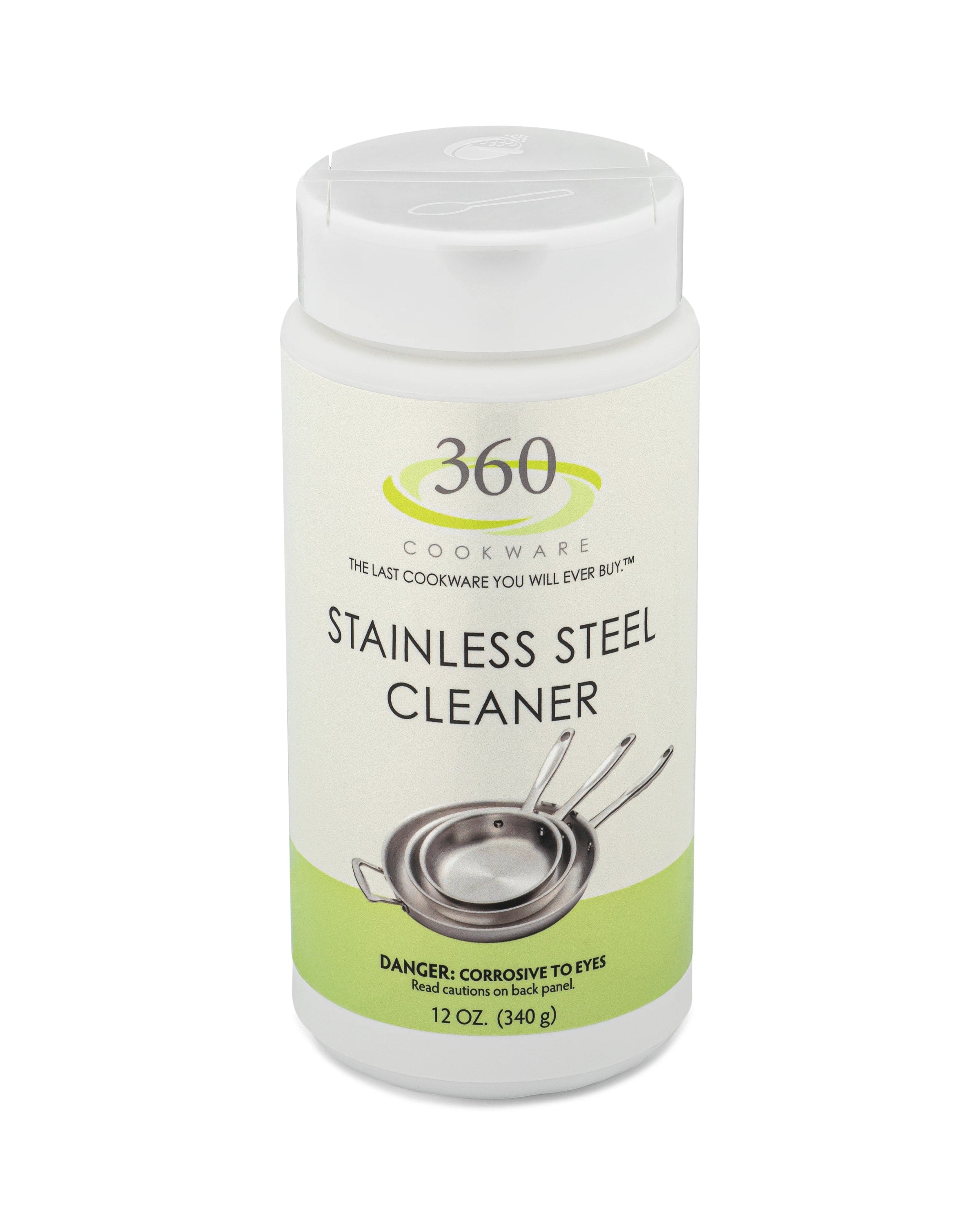 360 Stainless Steel Cleaner in a 12 oz container with a warning about corrosiveness