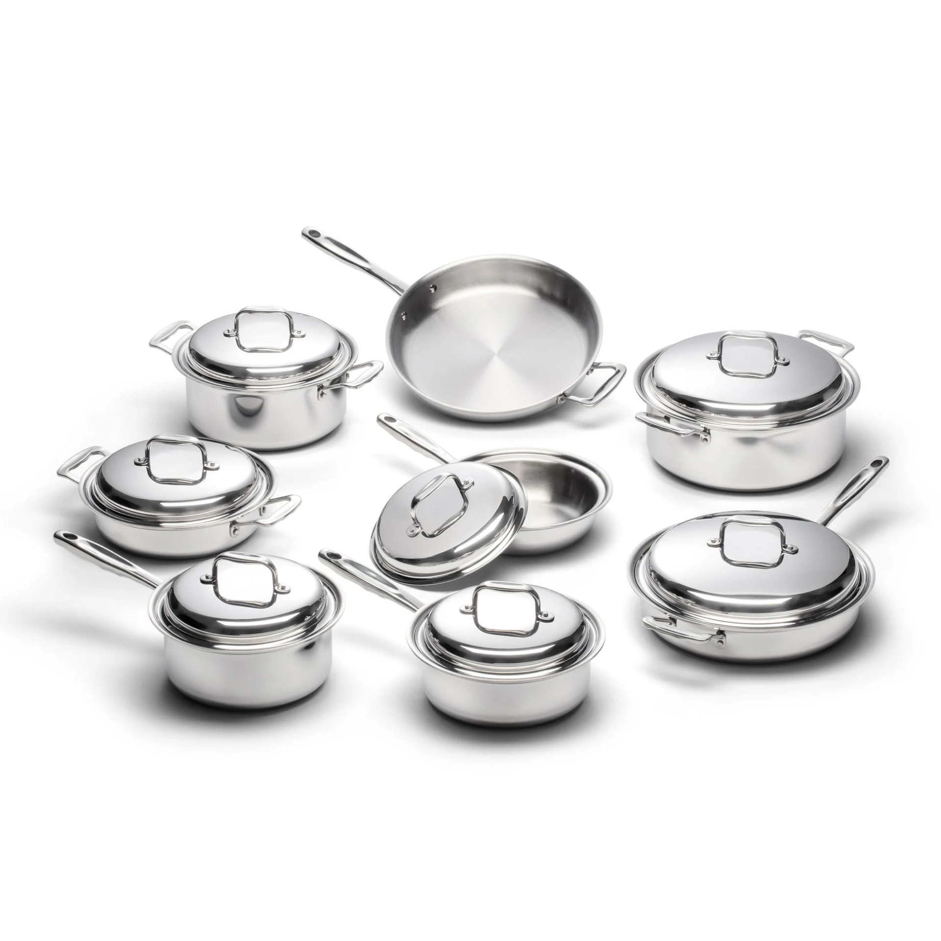 A complete 9-piece stainless steel cookware set including various pots and pans with lids.