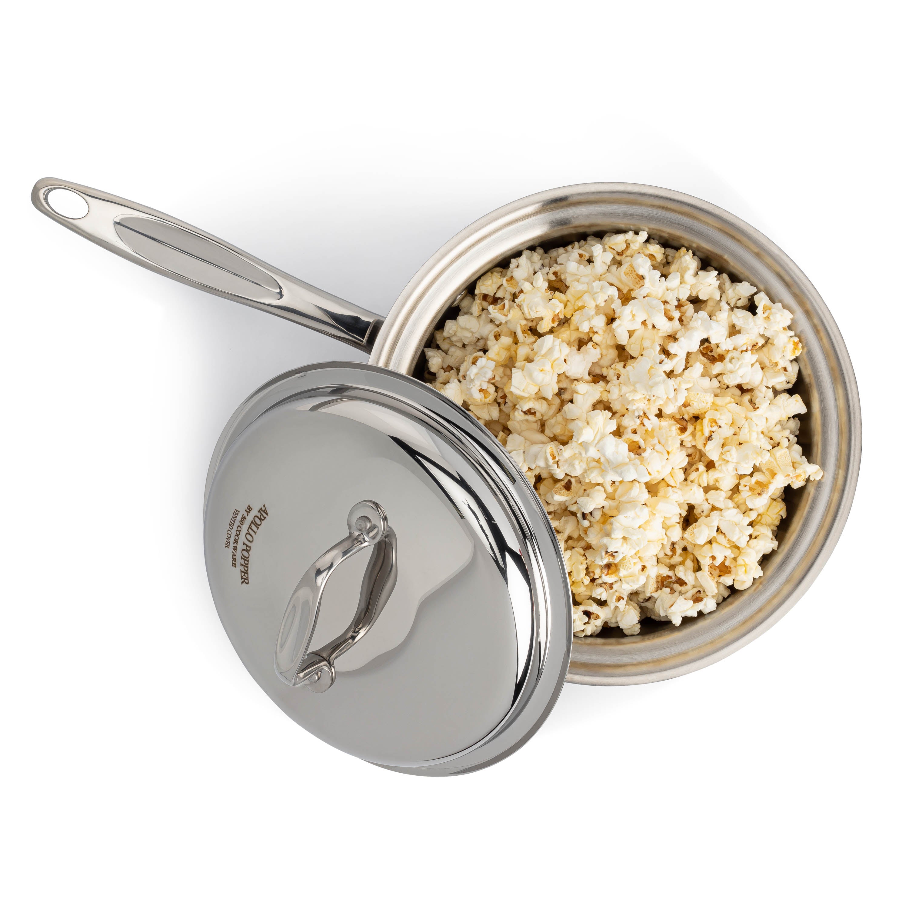 A stainless steel popcorn popper with a lid, filled with popped corn.