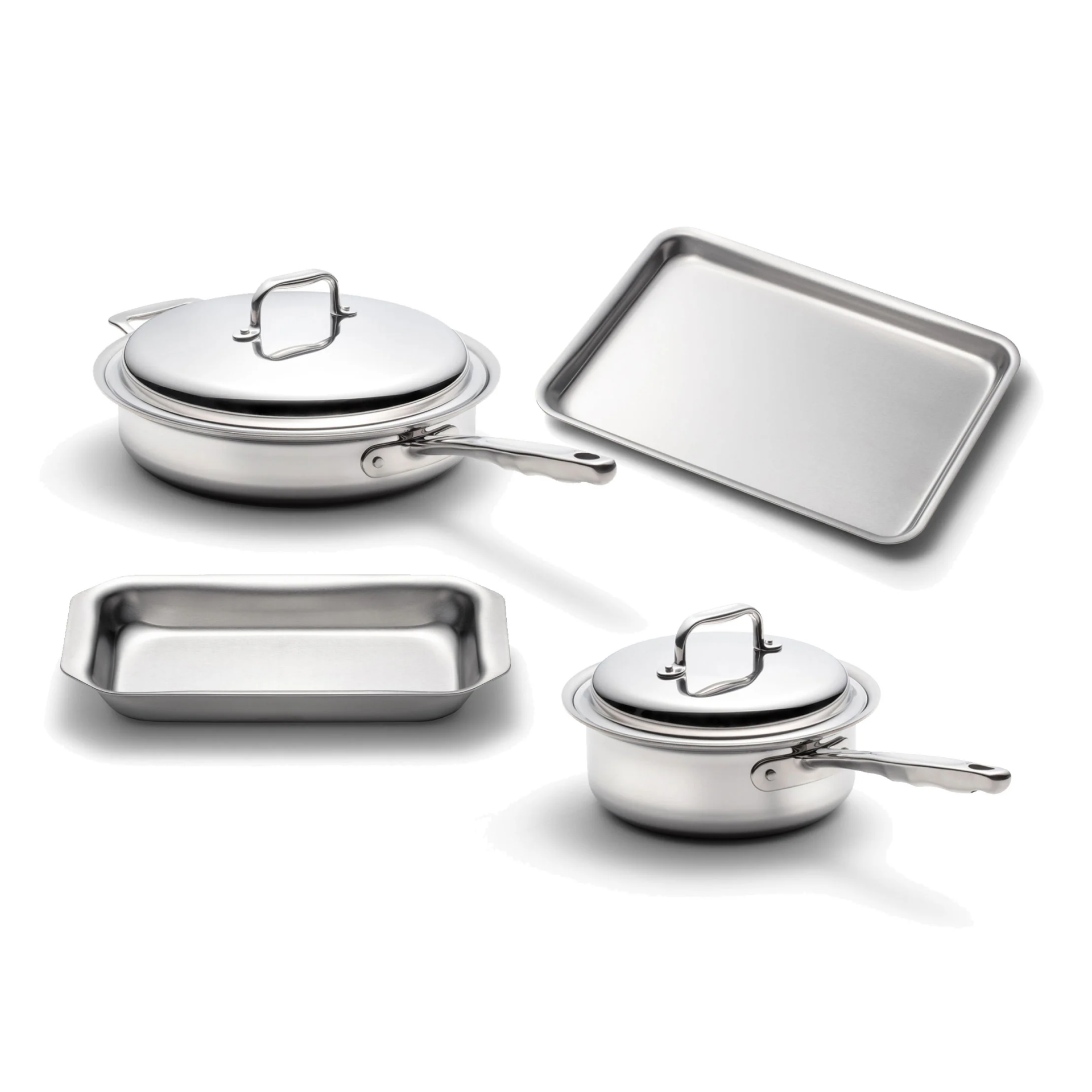 6-piece stainless steel cookware set including sauté pan, saucepans, and jelly roll pans