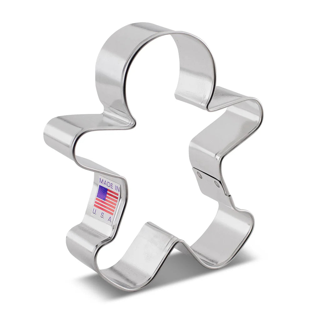 Gingerbread man cookie cutter made of stainless steel with a 'Made in USA' label.