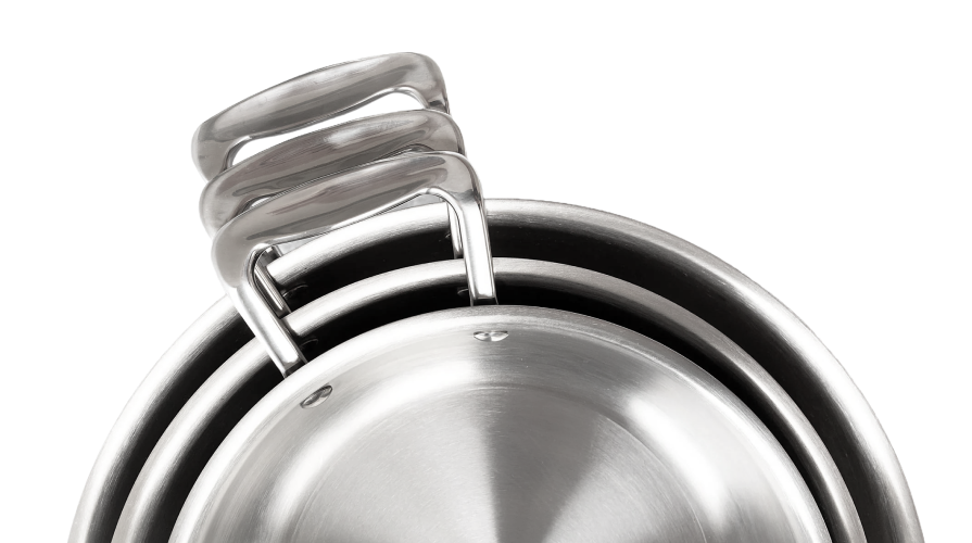 Stacked stainless steel Vapor® cookware showcasing its design and quality.