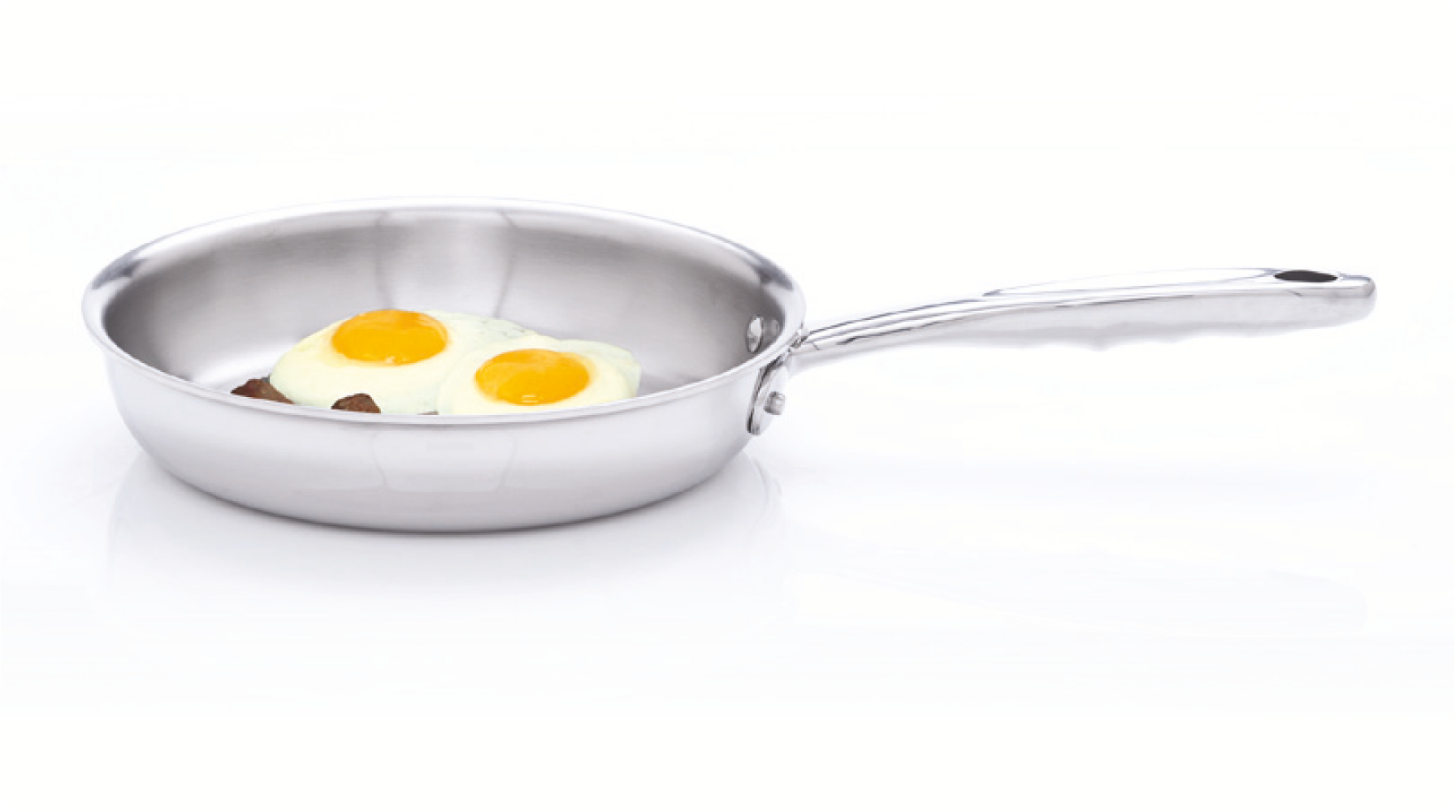 A stainless steel frying pan with two fried eggs inside.