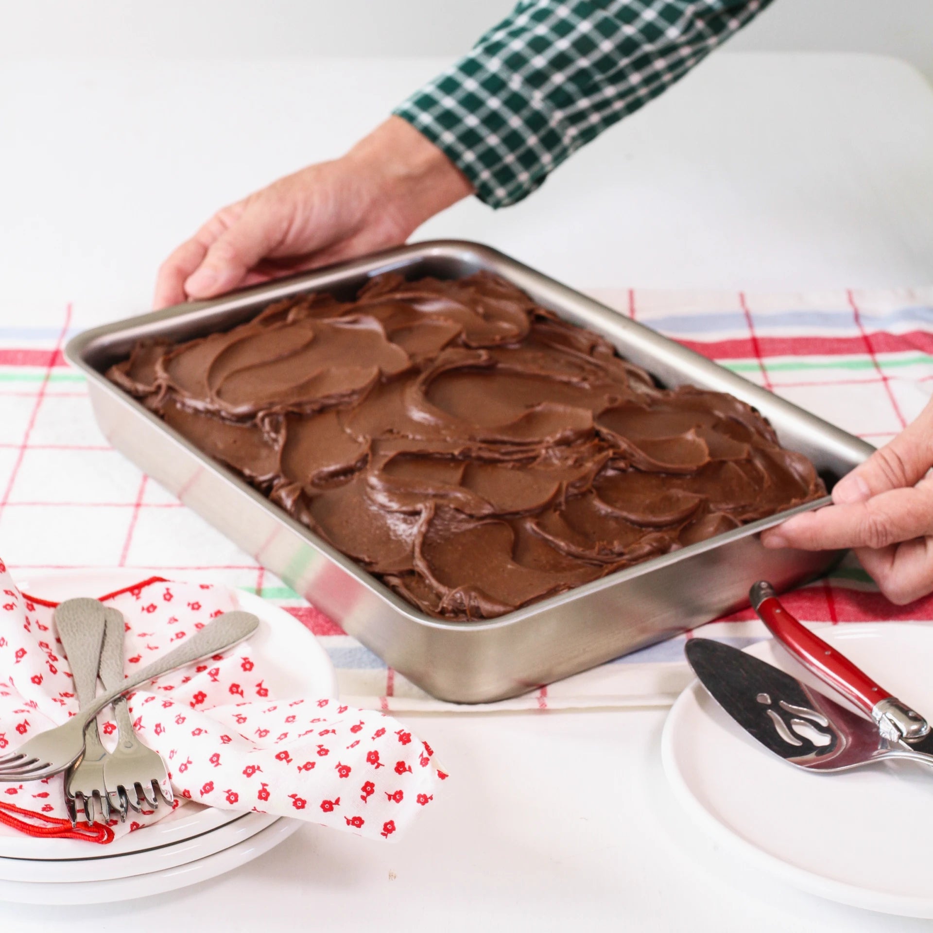 Brownies baked in 9x13 stainless steel pan