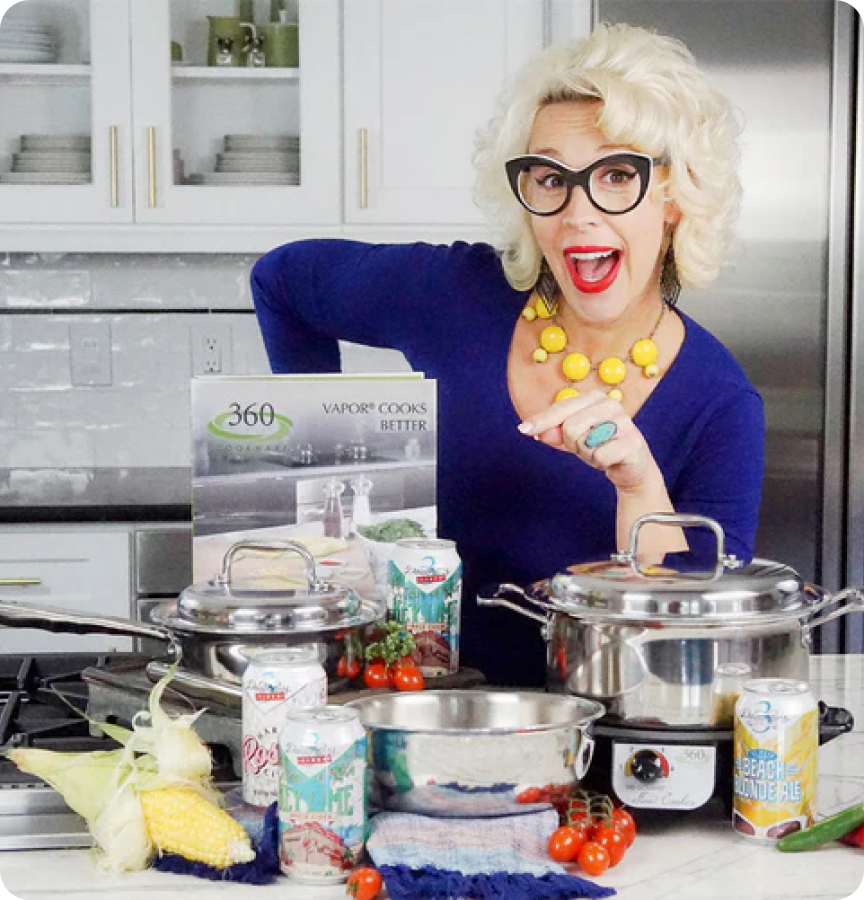 Chef Emily Ellyn promoting 360cookware with pots and ingredients in a kitchen setting