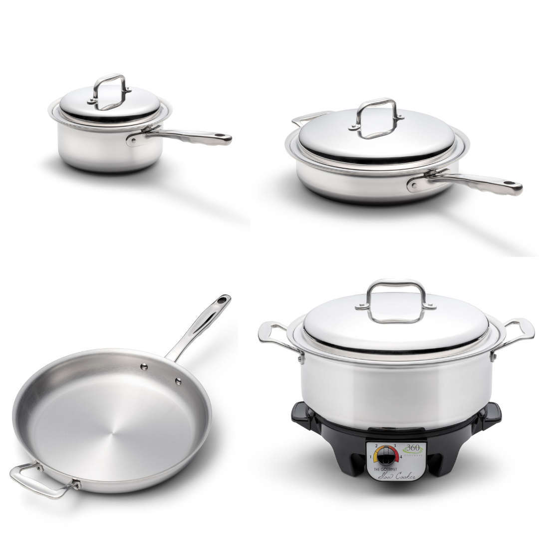 A set of 360cookware's stainless steel cookware including a rice cooker, a pot with a lid, a sauté pan, and a deep fryer, all on a white background.