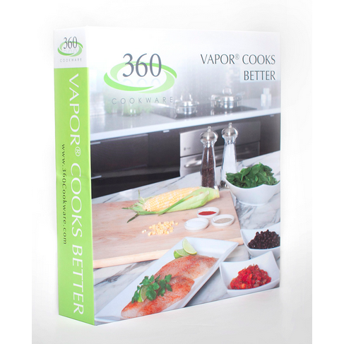 360 Cookbook - Vapor Cooks Better! packaging featuring salmon, corn, and spices on a kitchen counter