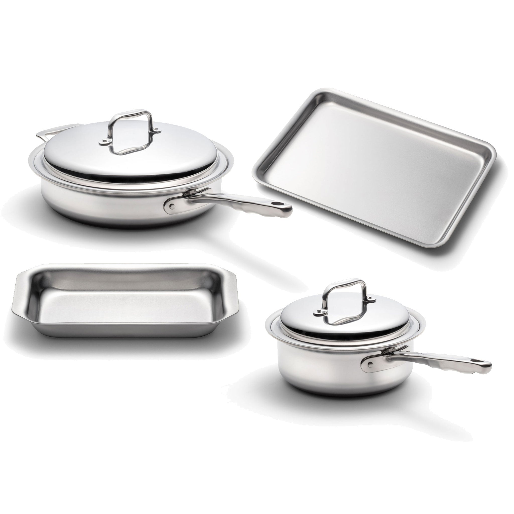 6-Piece stainless steel cookware set including sauté pan, saucepans, and jelly roll pans