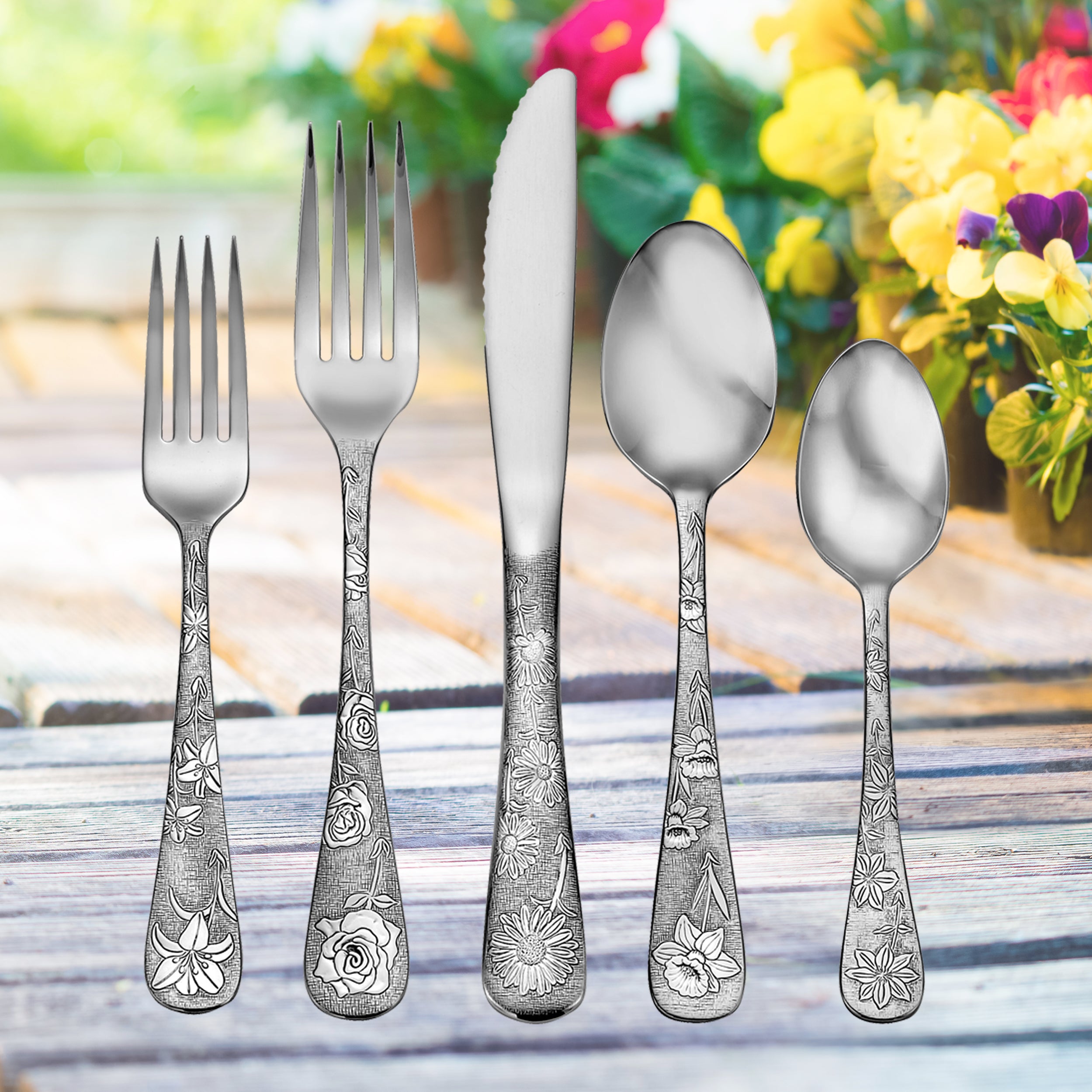 American Garden 65 Piece Flatware Set featuring floral designs on handles