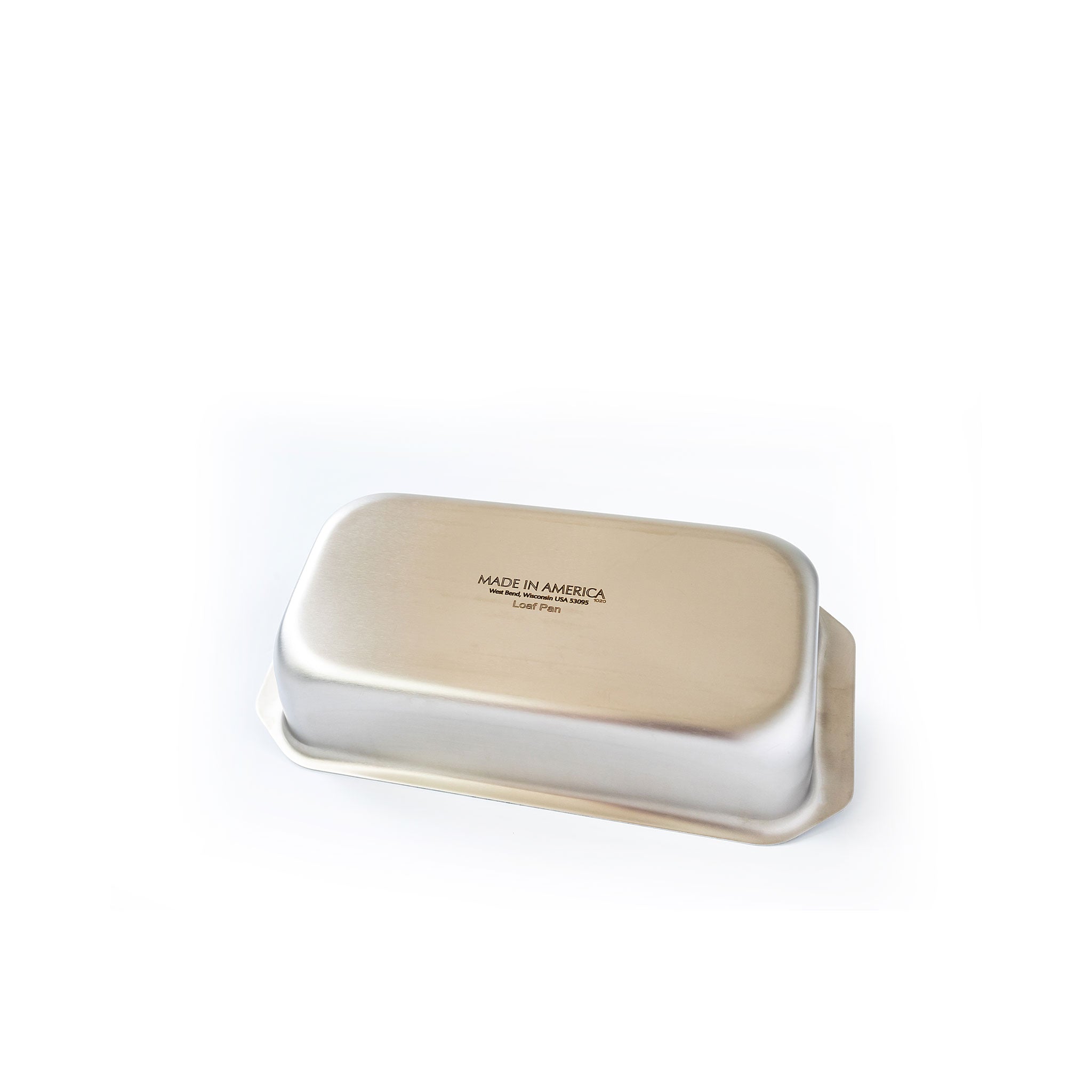 Stainless steel loaf pan with tab handles, made in America