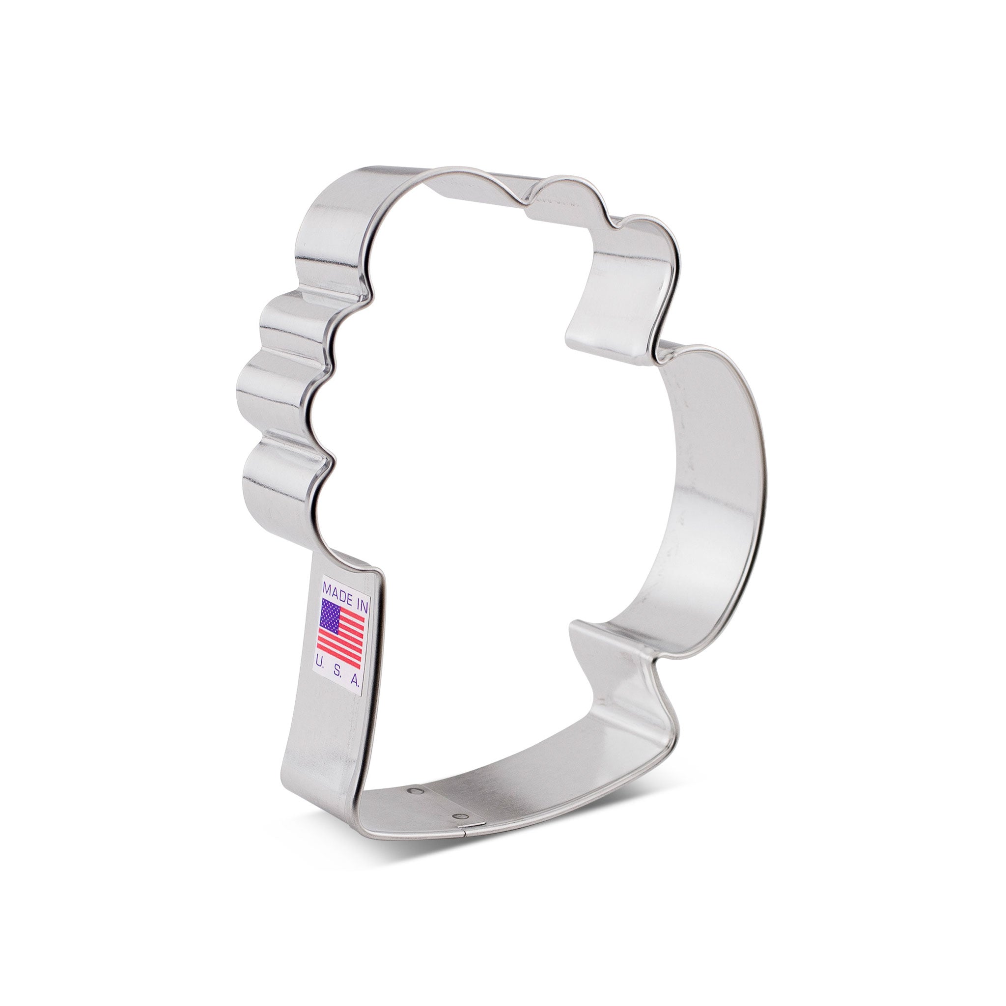 Stainless steel beer mug cookie cutter with American flag label
