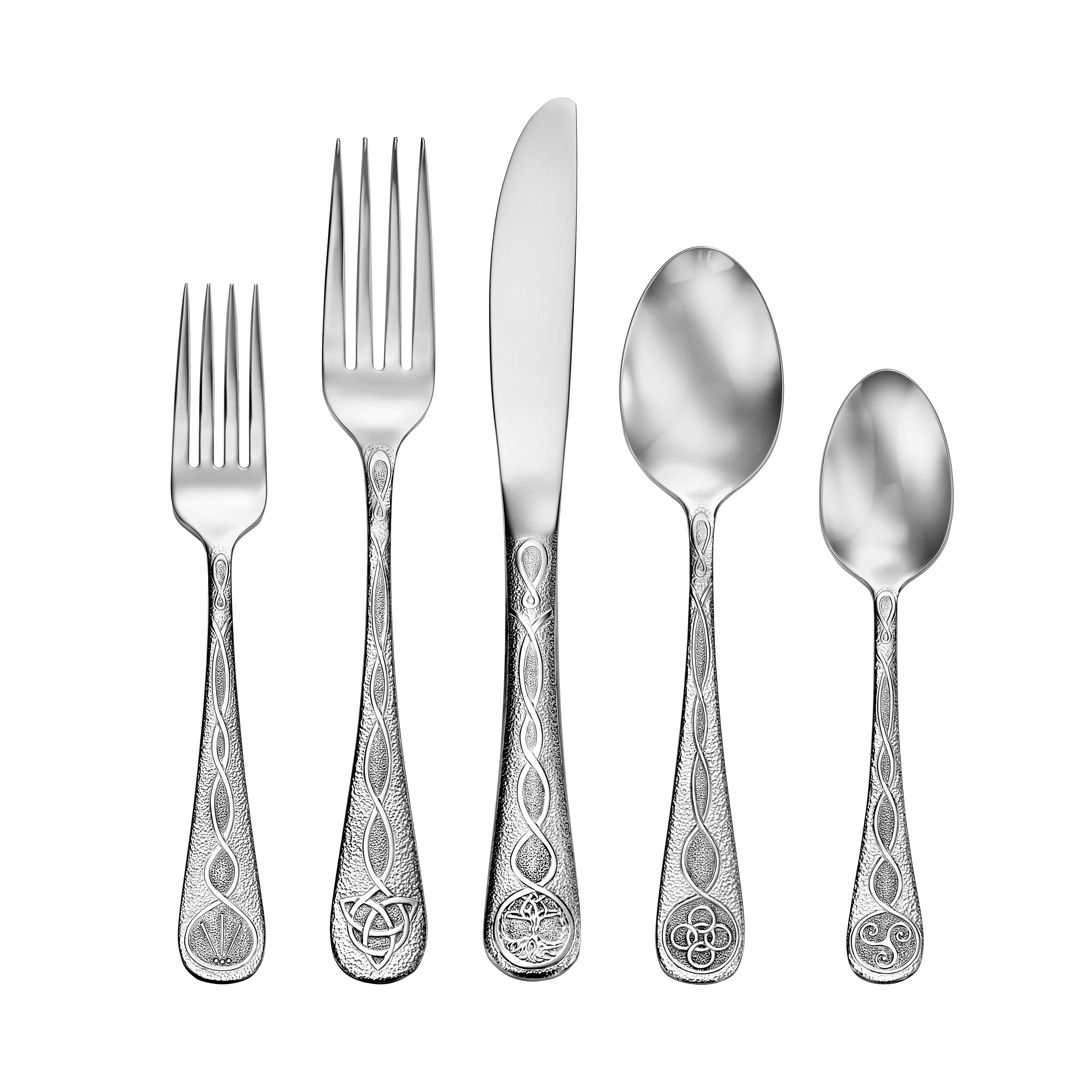 Five pieces of Celtic-designed flatware including a fork, knife, spoon, and dessert spoon.