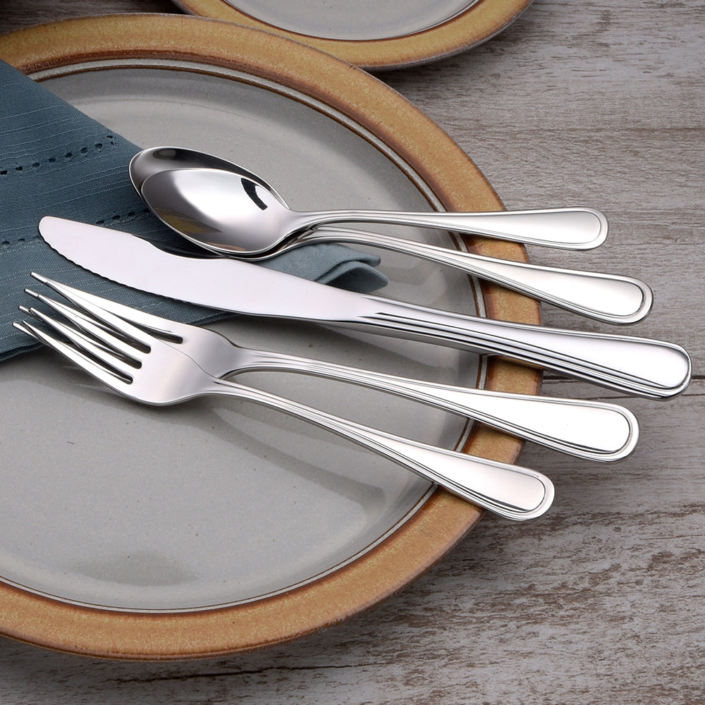 Sheffield 45 Piece Set cutlery including spoon, knife, and fork on a plate