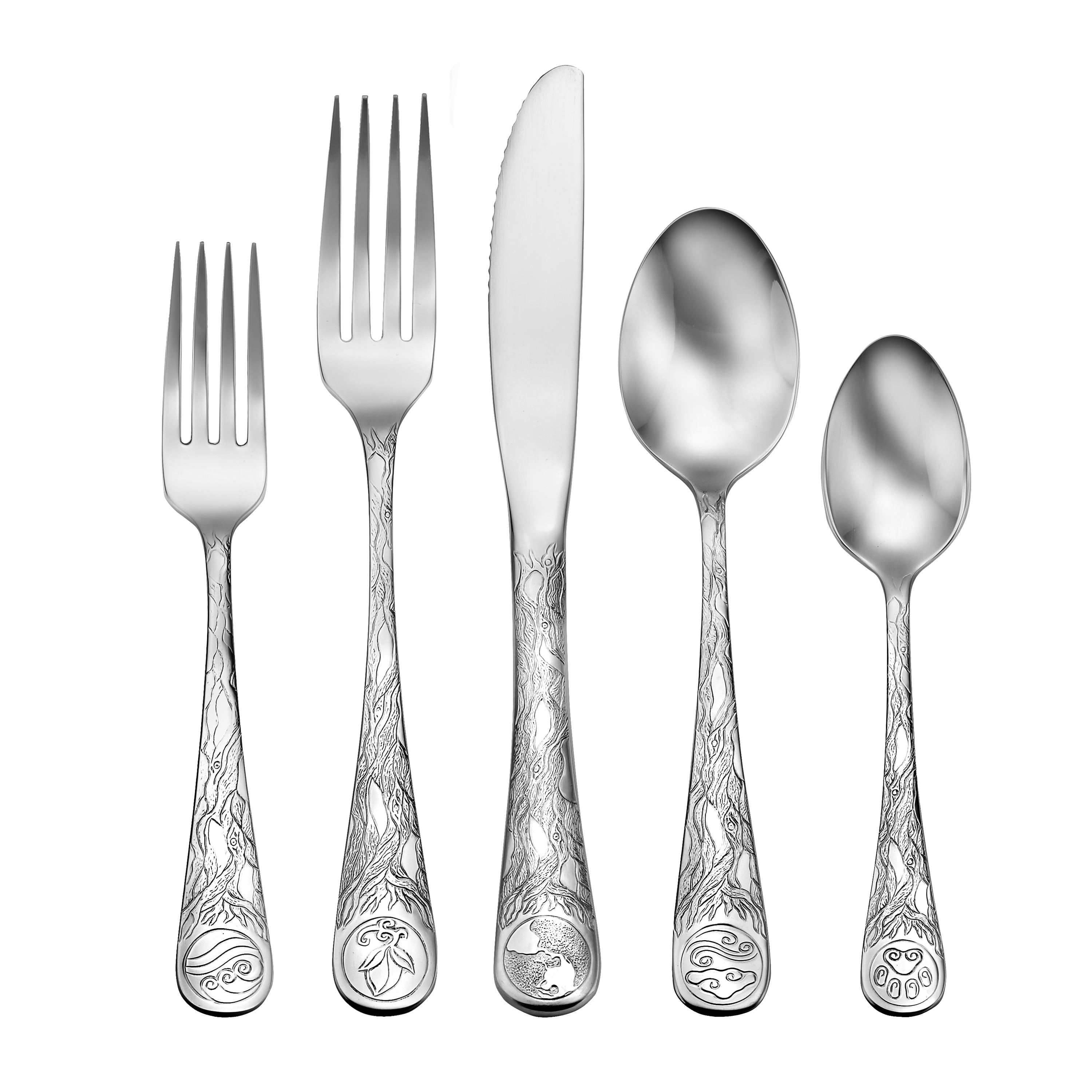Five pieces of Earth Pattern flatware featuring intricate designs celebrating nature.
