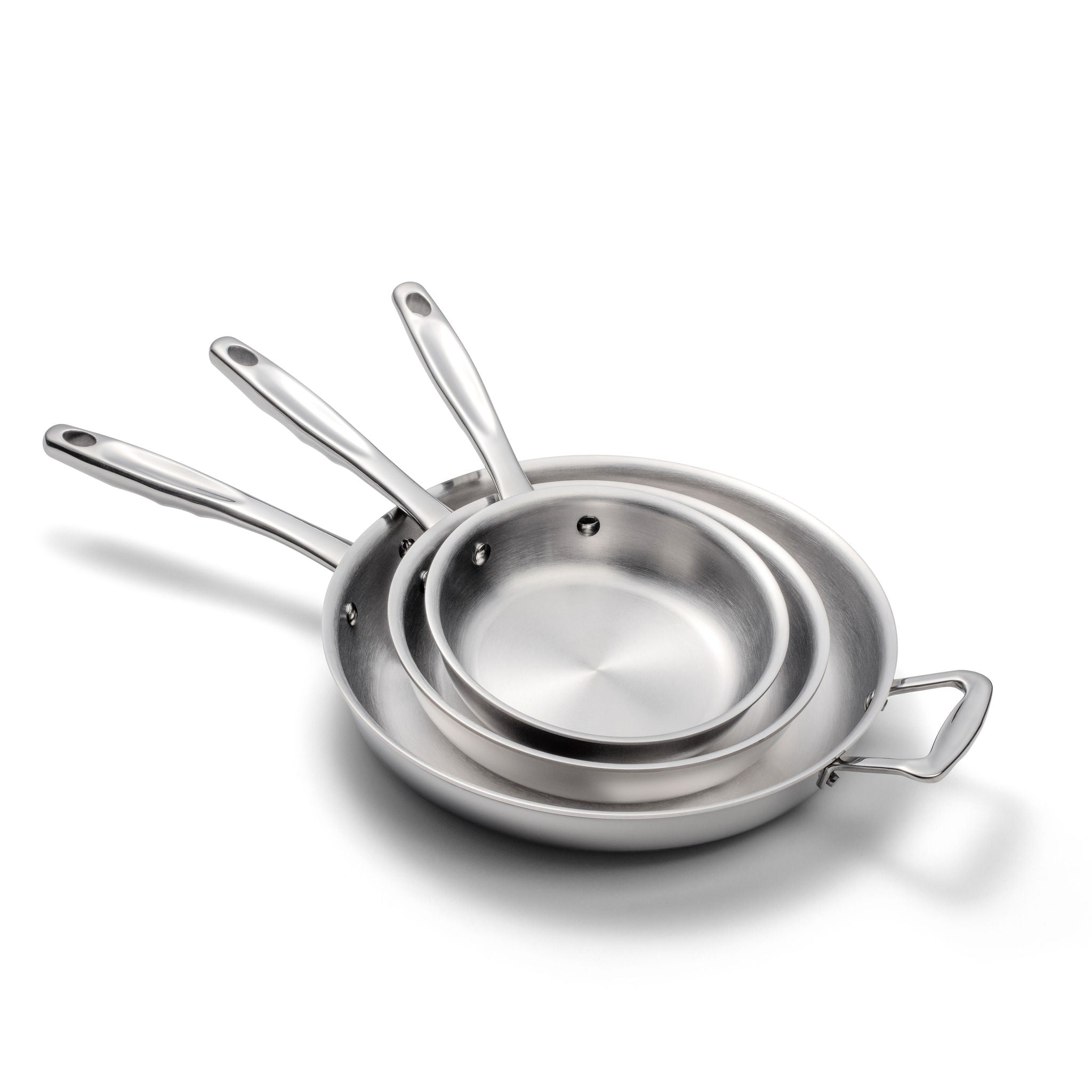 Three stainless steel frying pans in a set, featuring a 4.8-star rating and sale price of $225.
