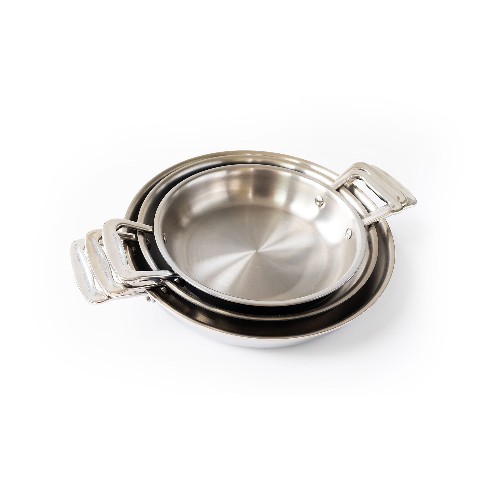 Stackable 3-piece fry pan set with short handles, surgical-grade stainless steel construction.
