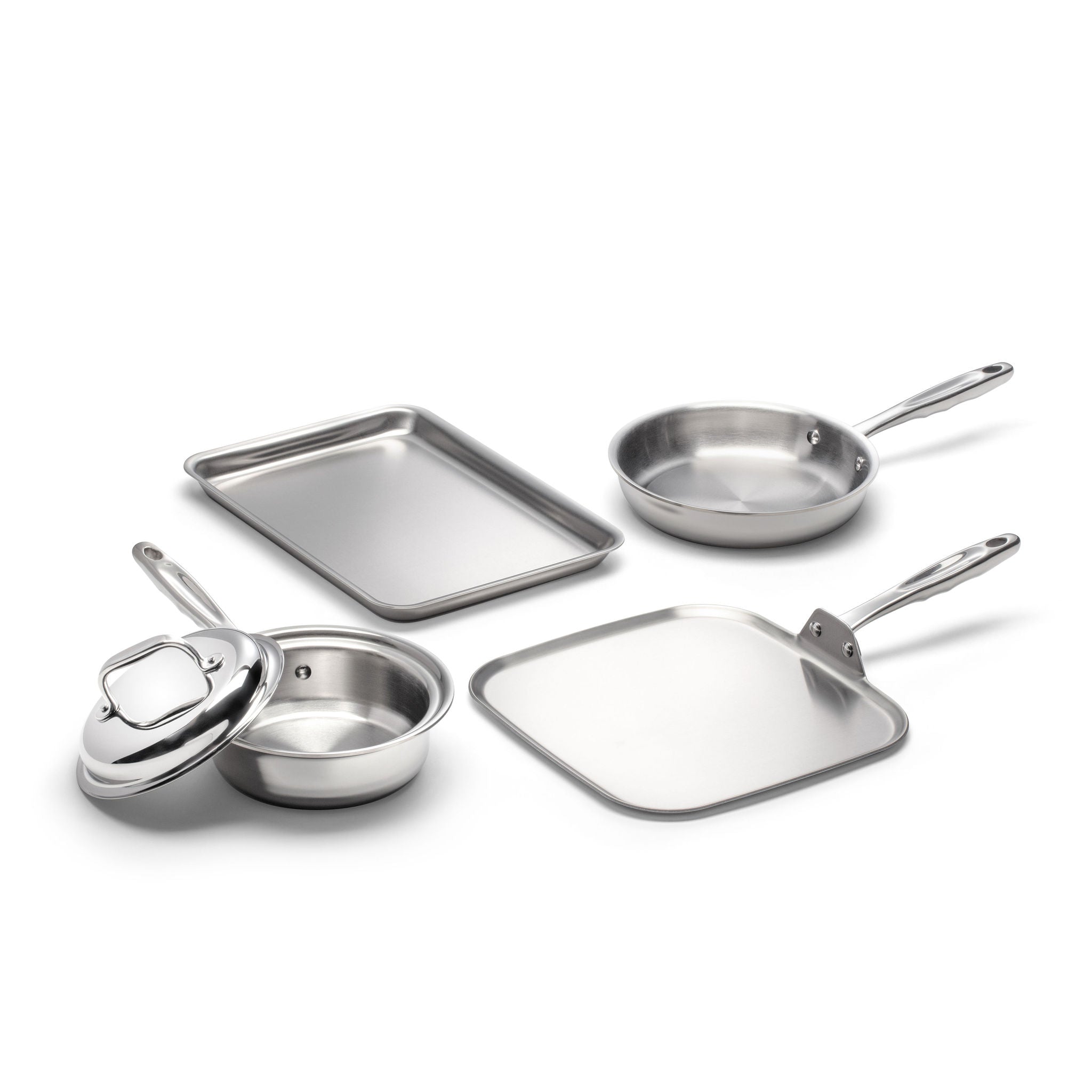 360cookware 5-Piece Breakfast Cookware Set including a frying pan, square griddle, round saucepan, and baking sheet