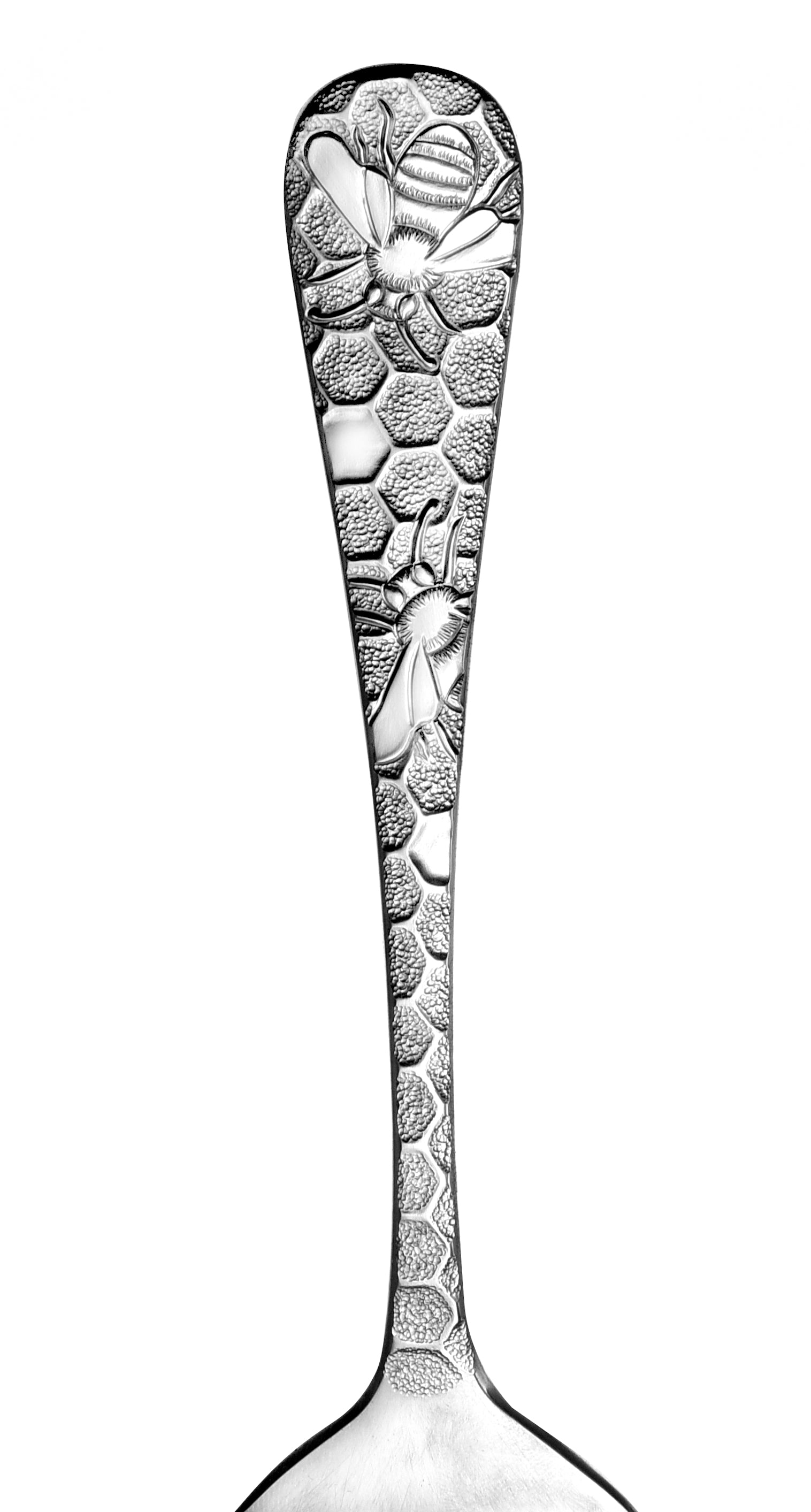 Close-up of a spoon handle featuring honeycomb and bee designs.