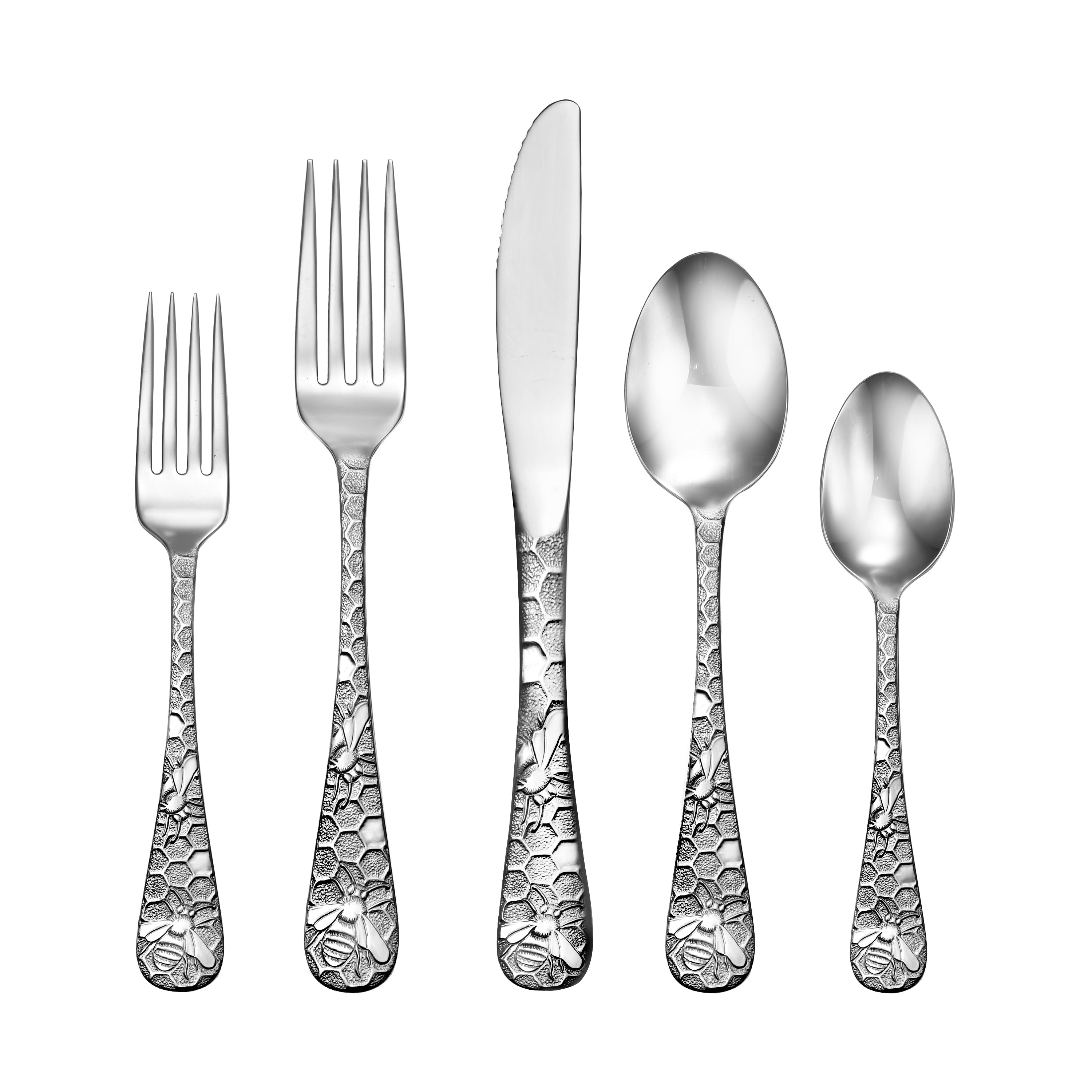 Five pieces of Honey Bee flatware set featuring intricate bee and honeycomb designs.
