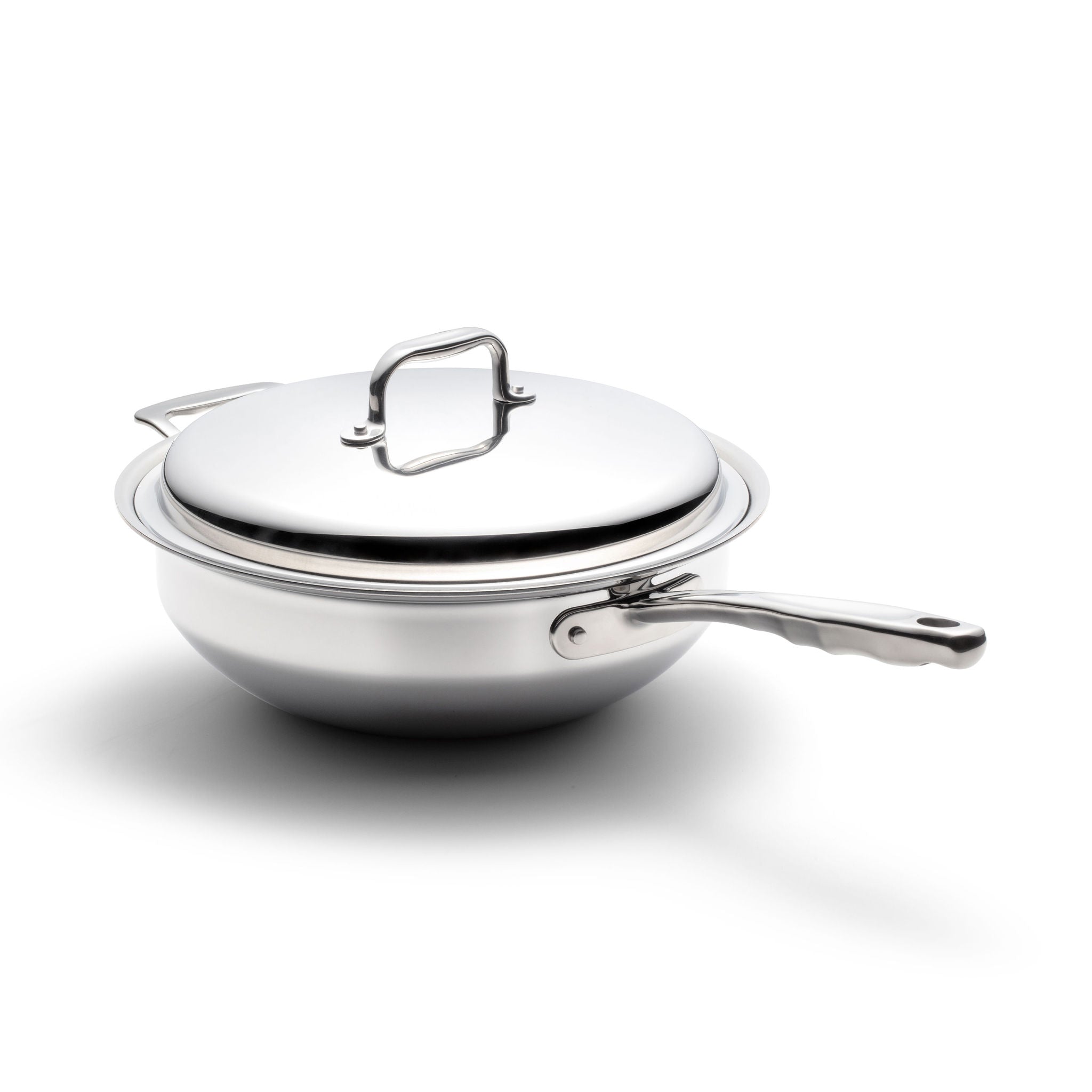 5 Quart stainless steel wok with lid, designed for versatile cooking methods