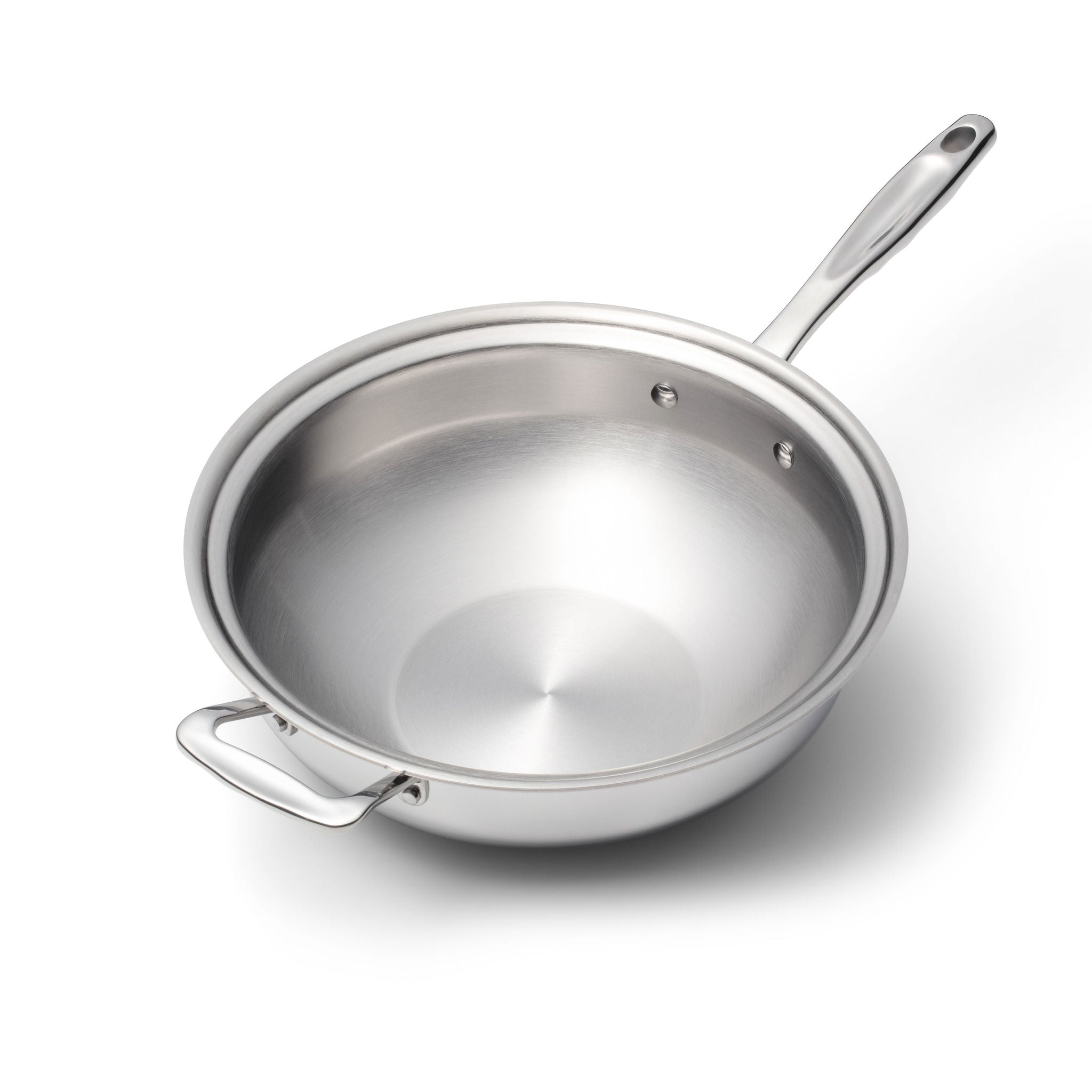 5-quart stainless steel wok with a polished interior and handle, ideal for versatile cooking methods.