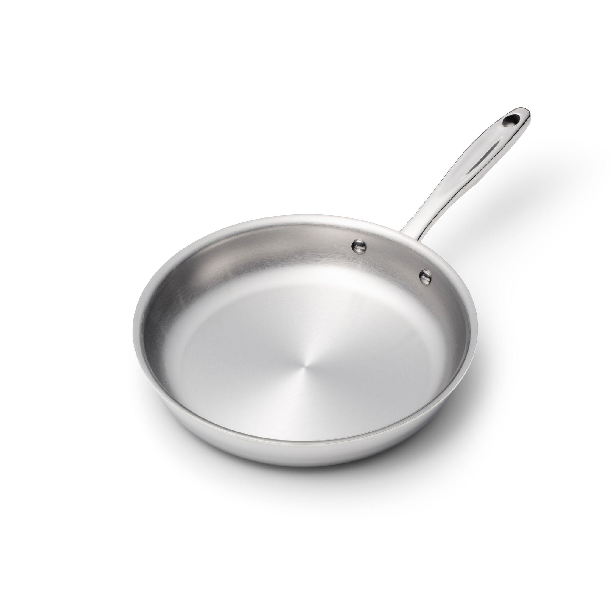 10 Inch Fry Pan with a stainless steel finish and a long handle