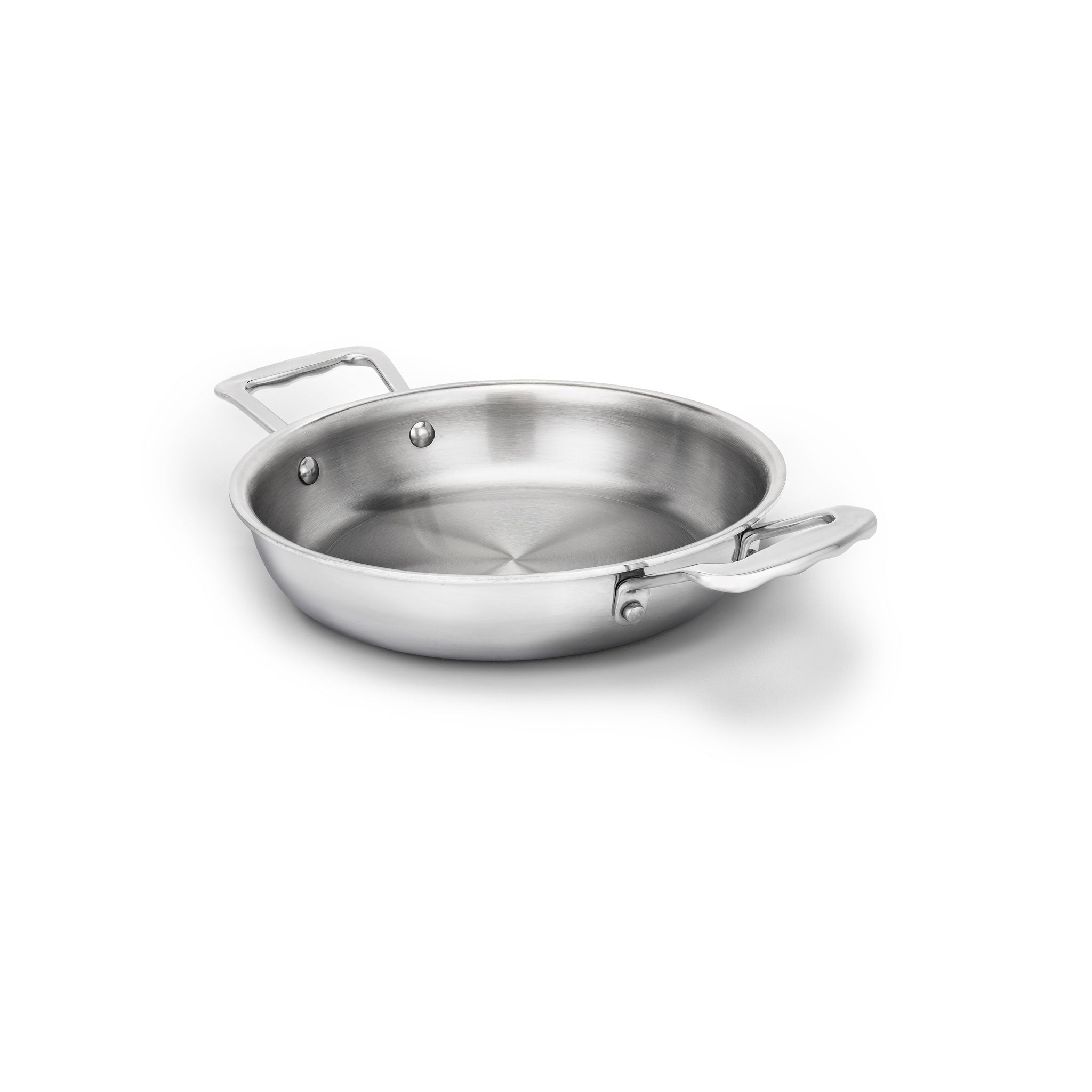 Stainless steel 8.5 inch fry pan with short handles, ideal for cooking multiple dishes.