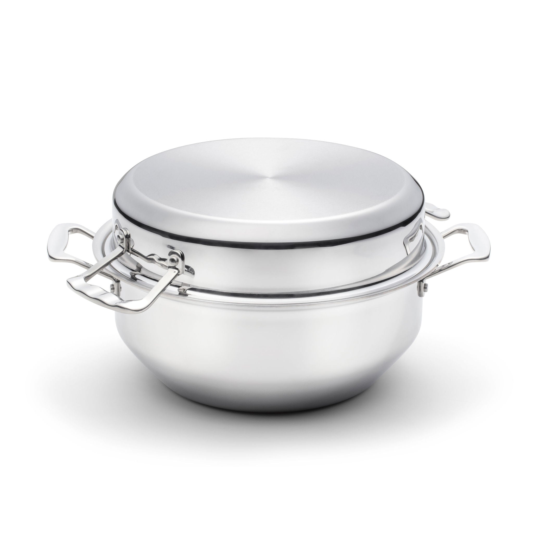 3-in-1 stainless steel roasting pan with lid, suitable for oven roasting and stovetop sautéing.