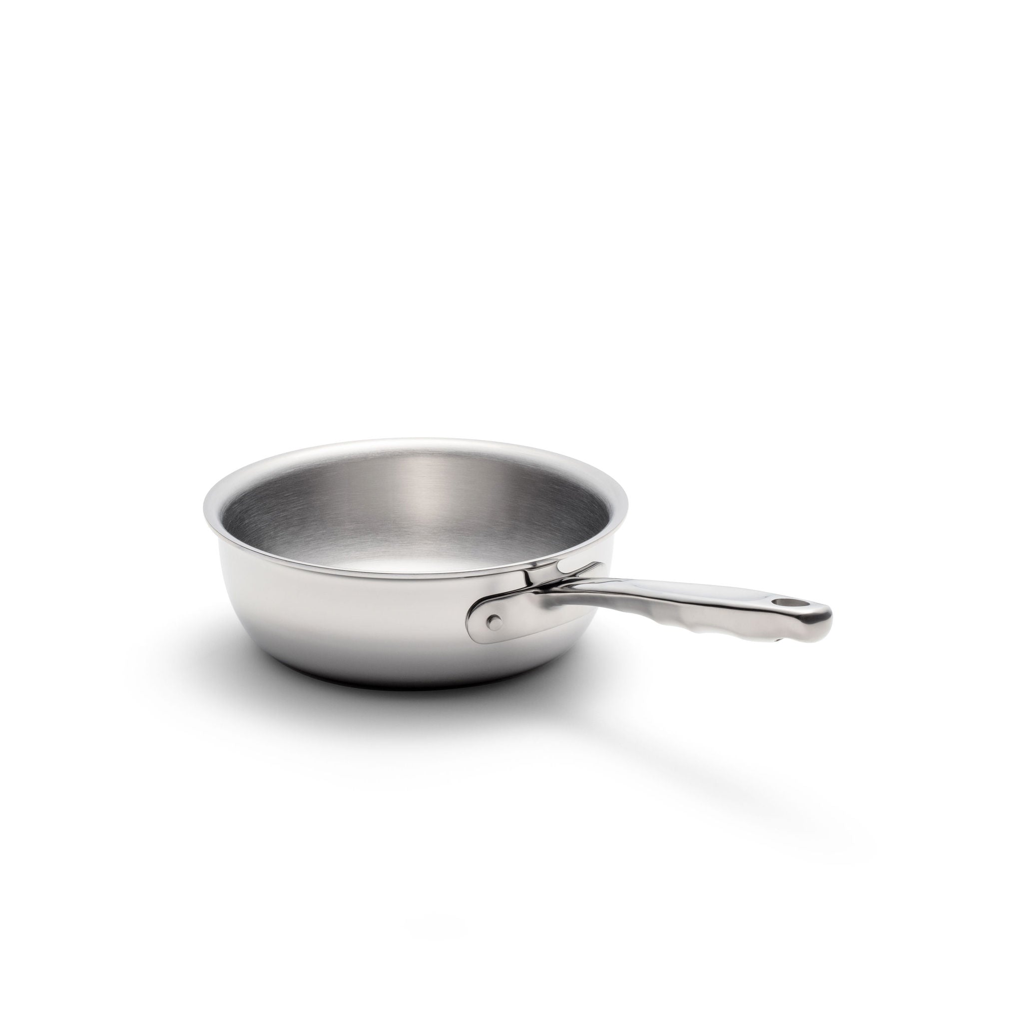 2-quart stainless steel saucier with a rounded surface and wide mouth for easy stirring