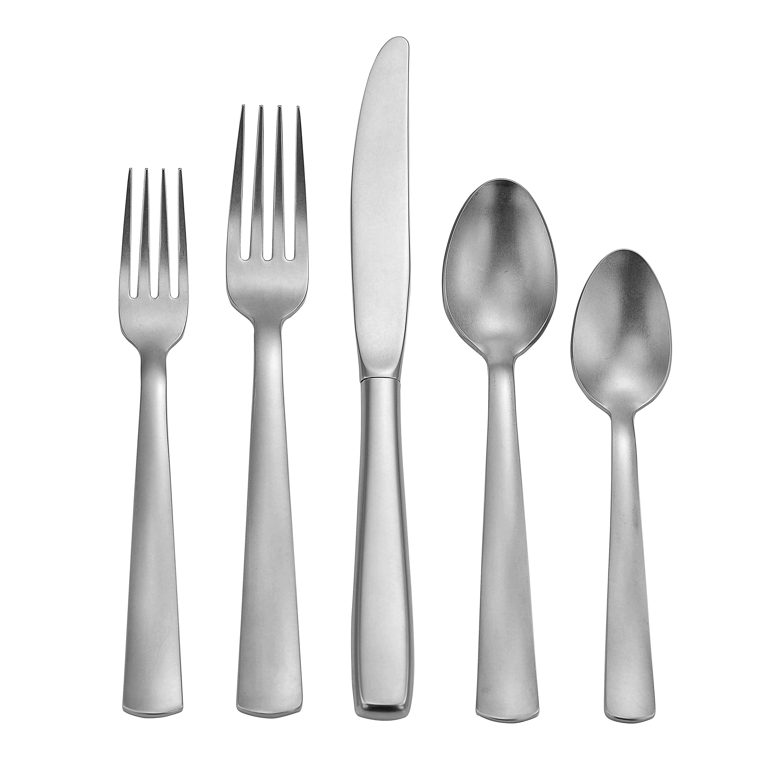 Five pieces of American Industrial flatware including forks, knife, and spoons with a tumbled finish.
