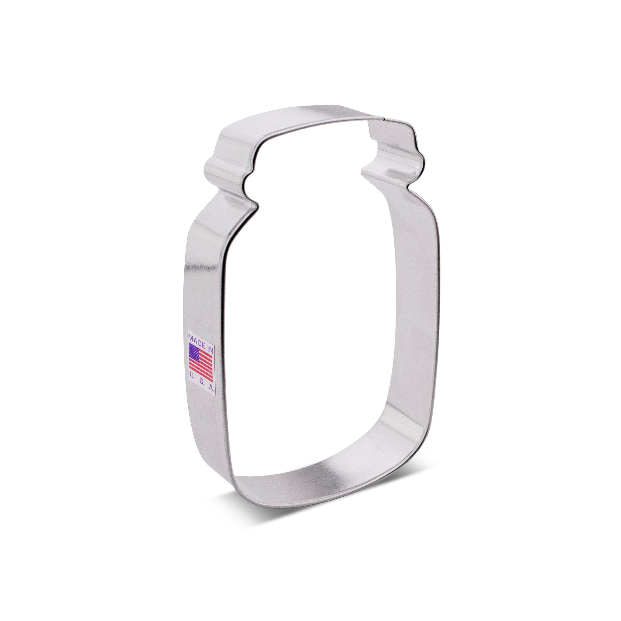 Stainless steel Mason Jar Cookie Cutter with American flag label, handcrafted in the USA