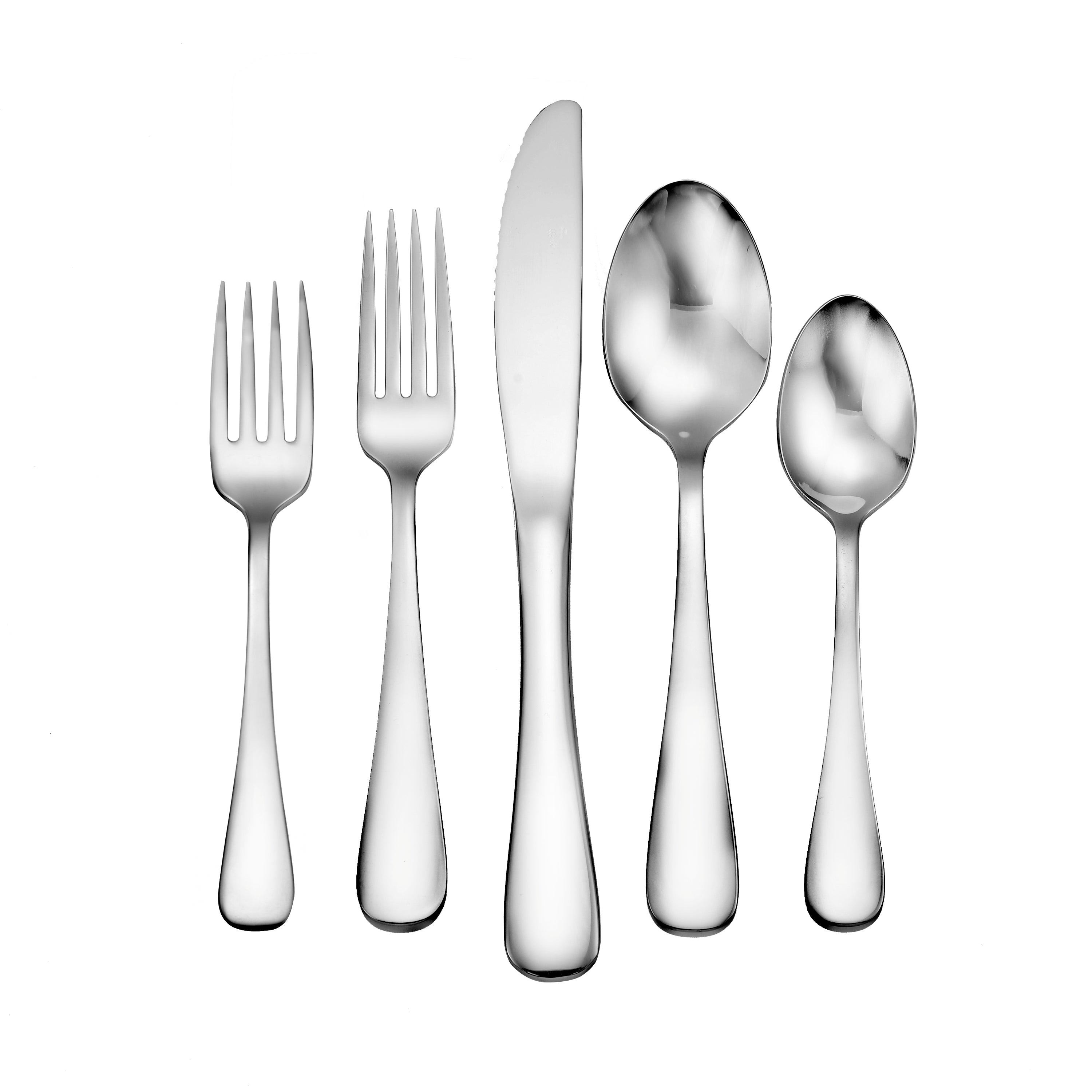Five pieces of stainless steel flatware including a knife, fork, and spoons.