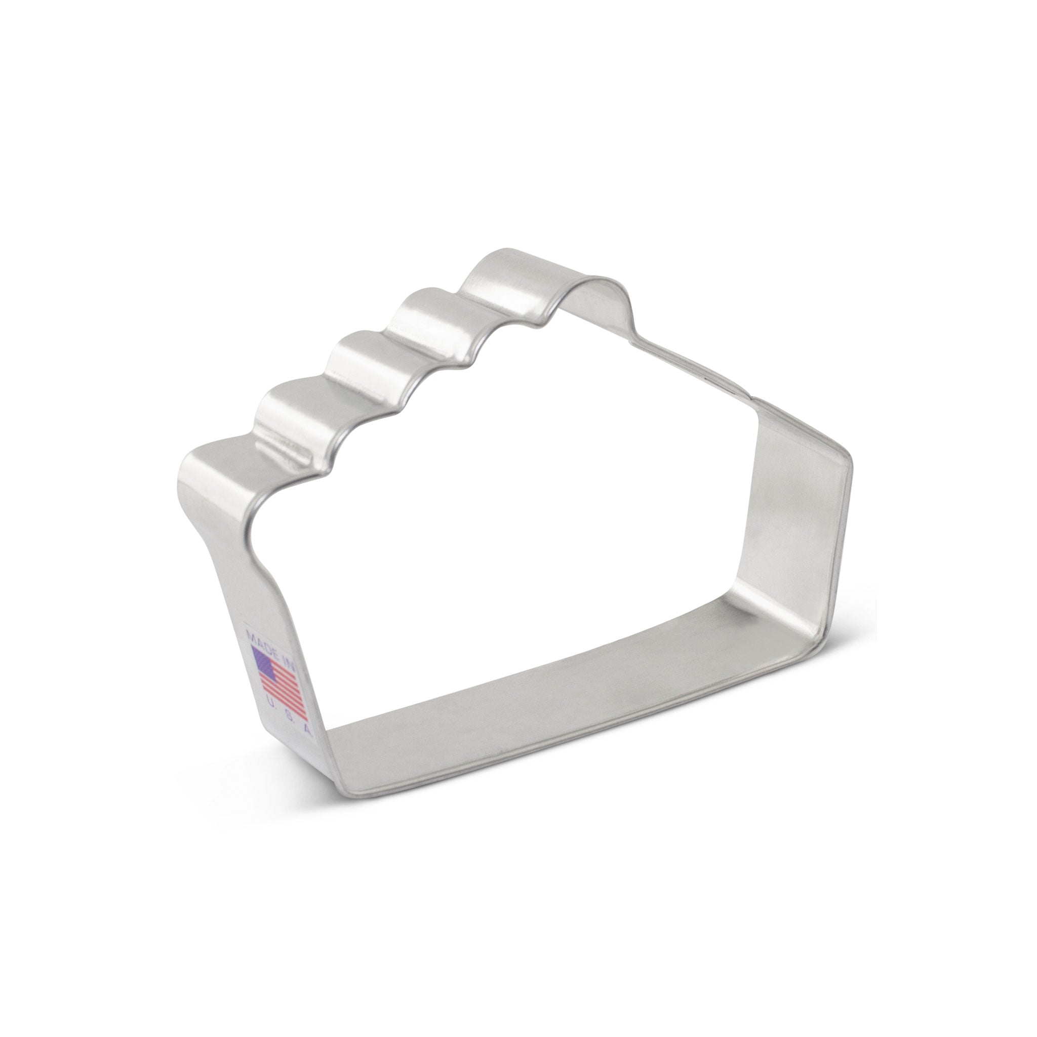 Metal pie slice cookie cutter with a scalloped edge