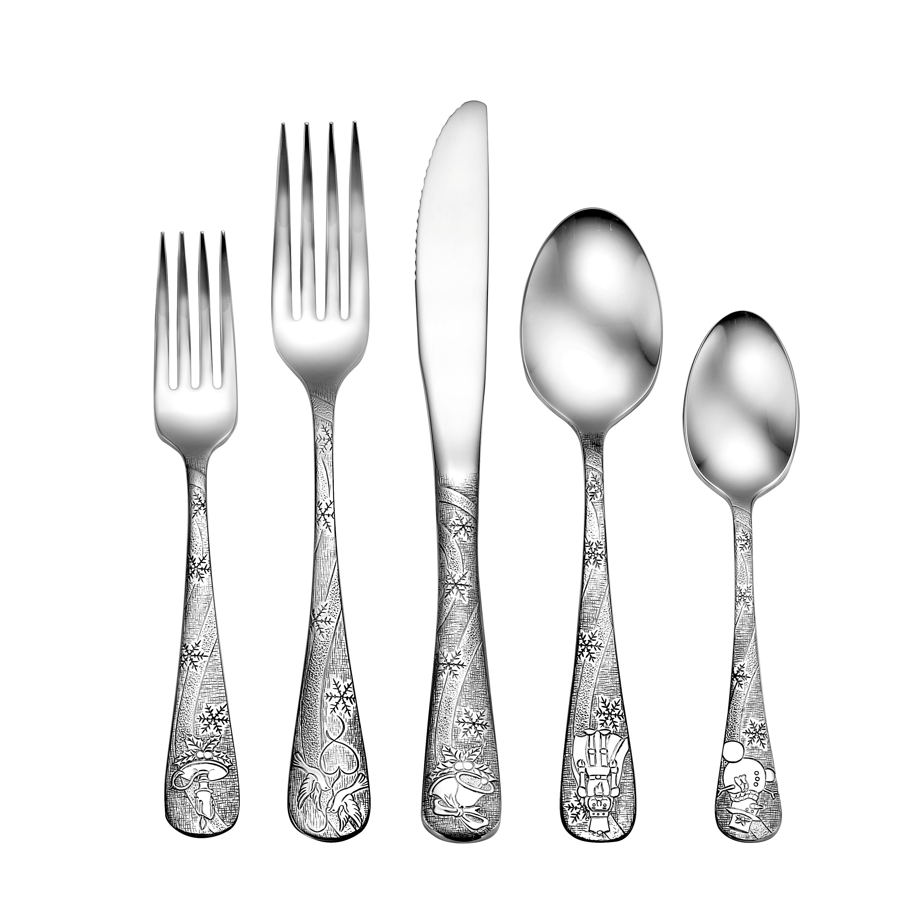 Five pieces of decorative flatware featuring holiday designs, including forks, knife, and spoons.