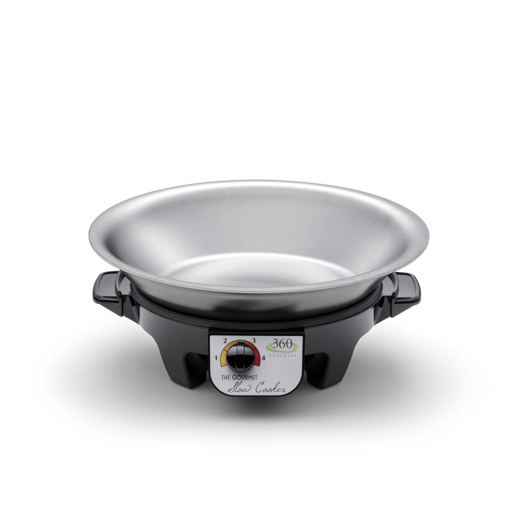 12" stainless steel oven to table pan on slow cooker base with temperature dial