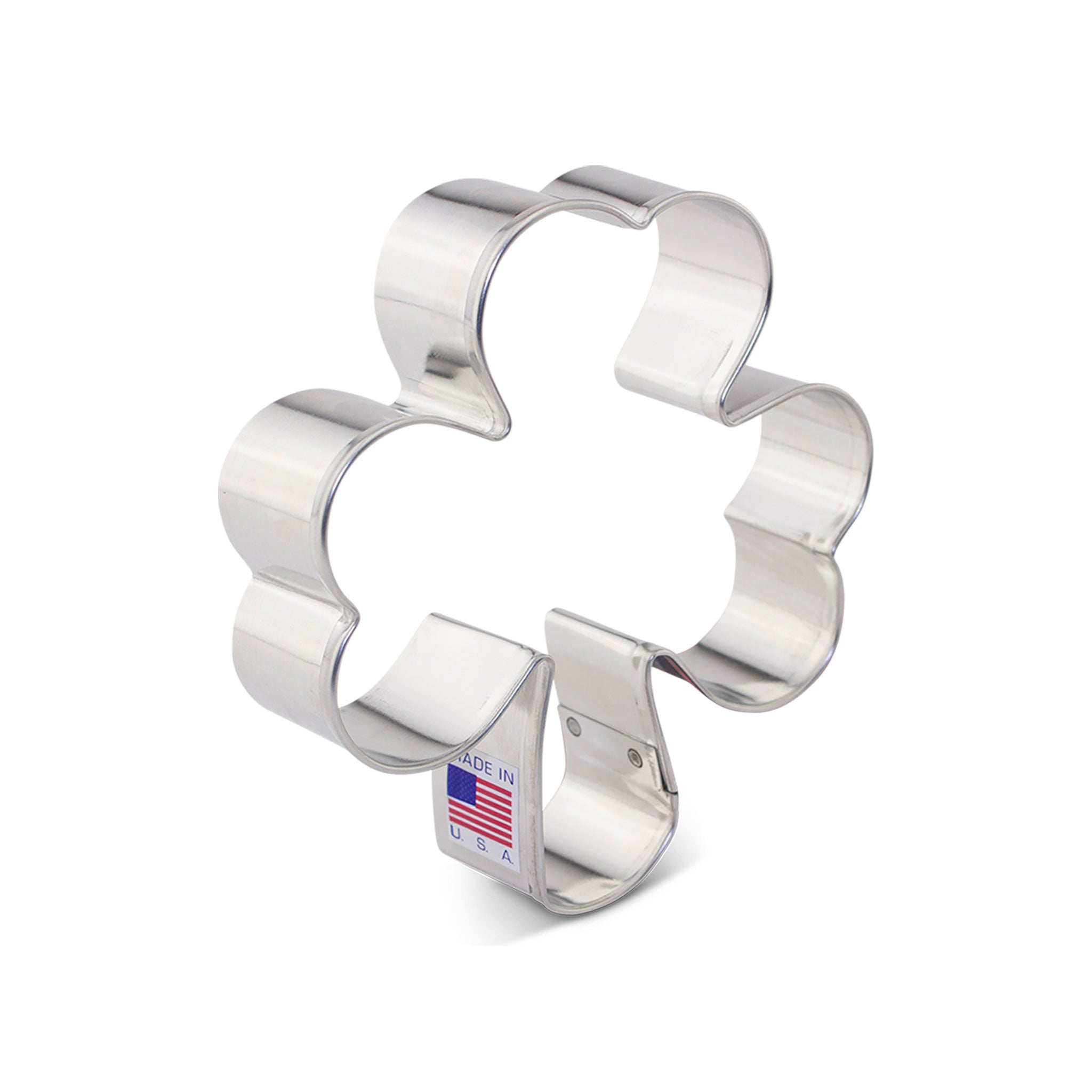 4-inch shamrock cookie cutter with a tag indicating 'Made in USA'