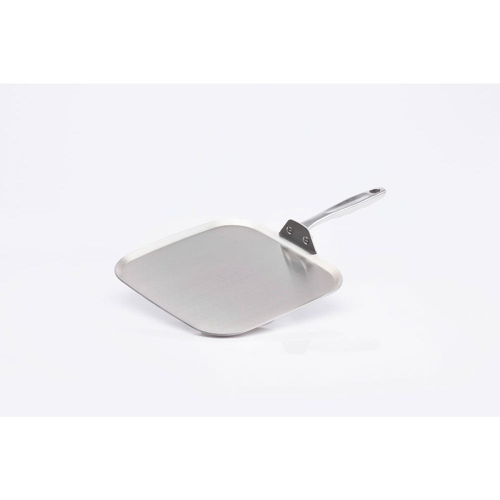 Stainless steel 11 inch square griddle with a handle, ideal for pancakes and sandwiches.