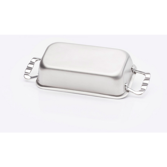Stainless steel loaf pan with handles, ideal for baking bread and meatloaf.