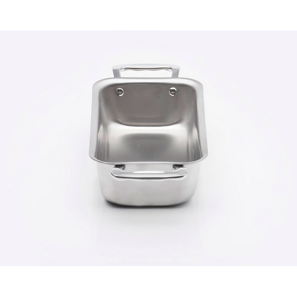 Stainless steel loaf pan with handles, designed for even heat distribution and versatility in cooking.