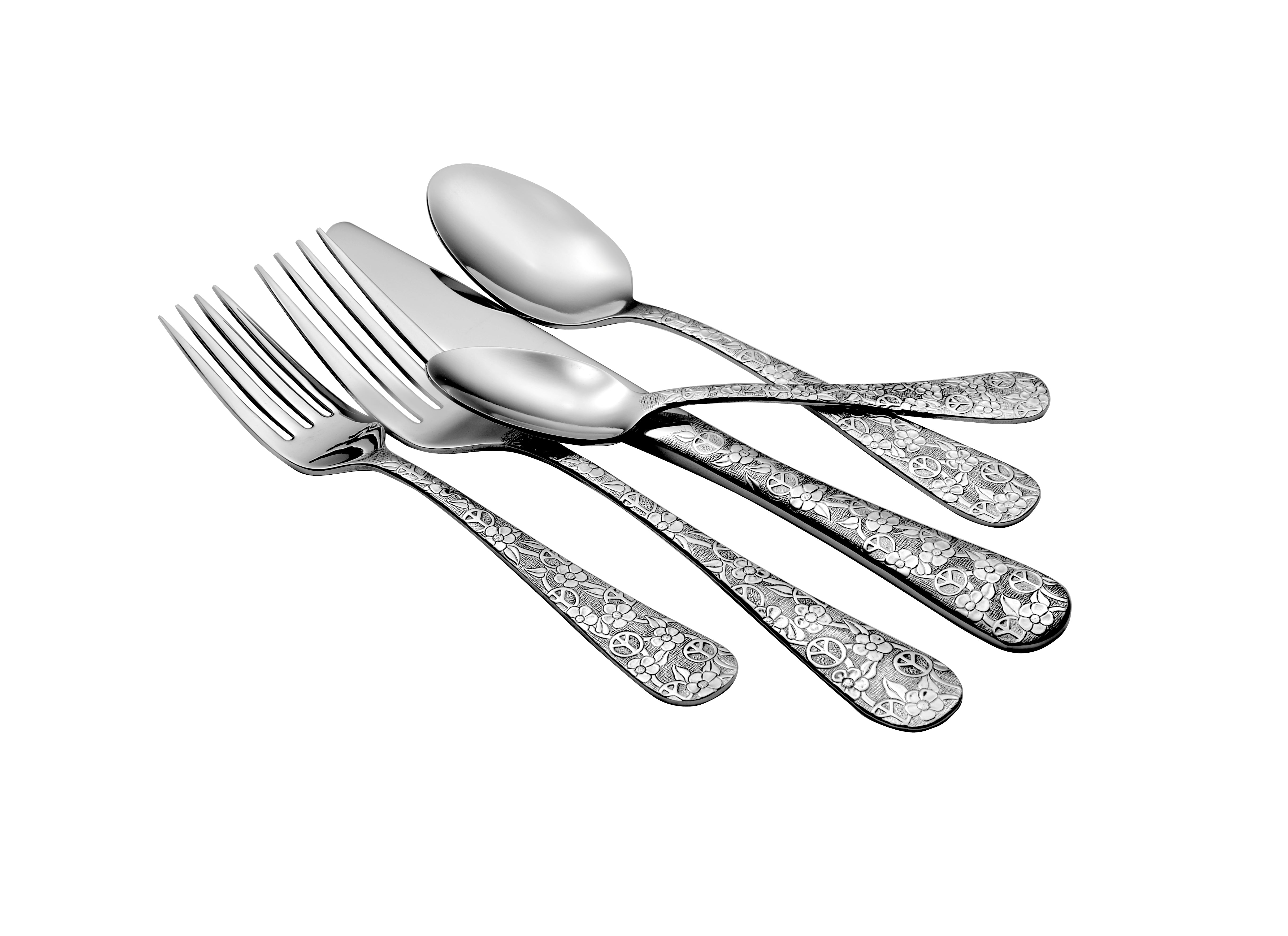 Woodstock 45 Piece Flatware Set featuring floral design and stainless steel utensils