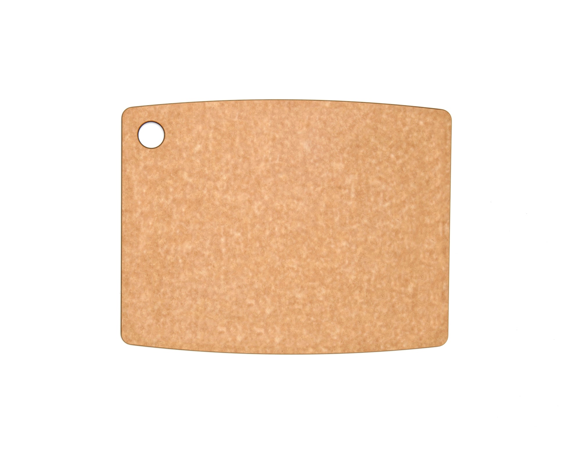 Natural slate cutting board with a rounded edge and a hole for hanging