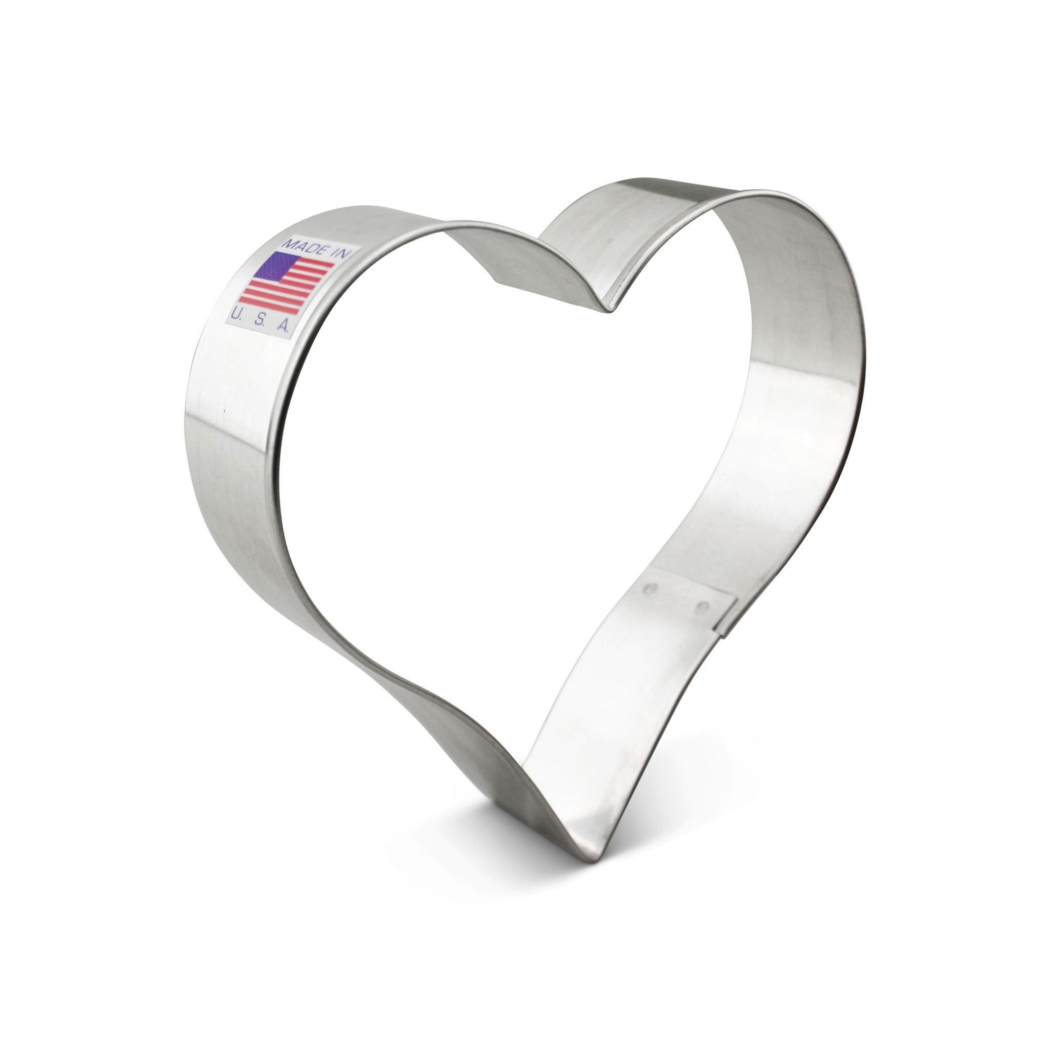 Stainless steel heart-shaped cookie cutter with 'Made in USA' label
