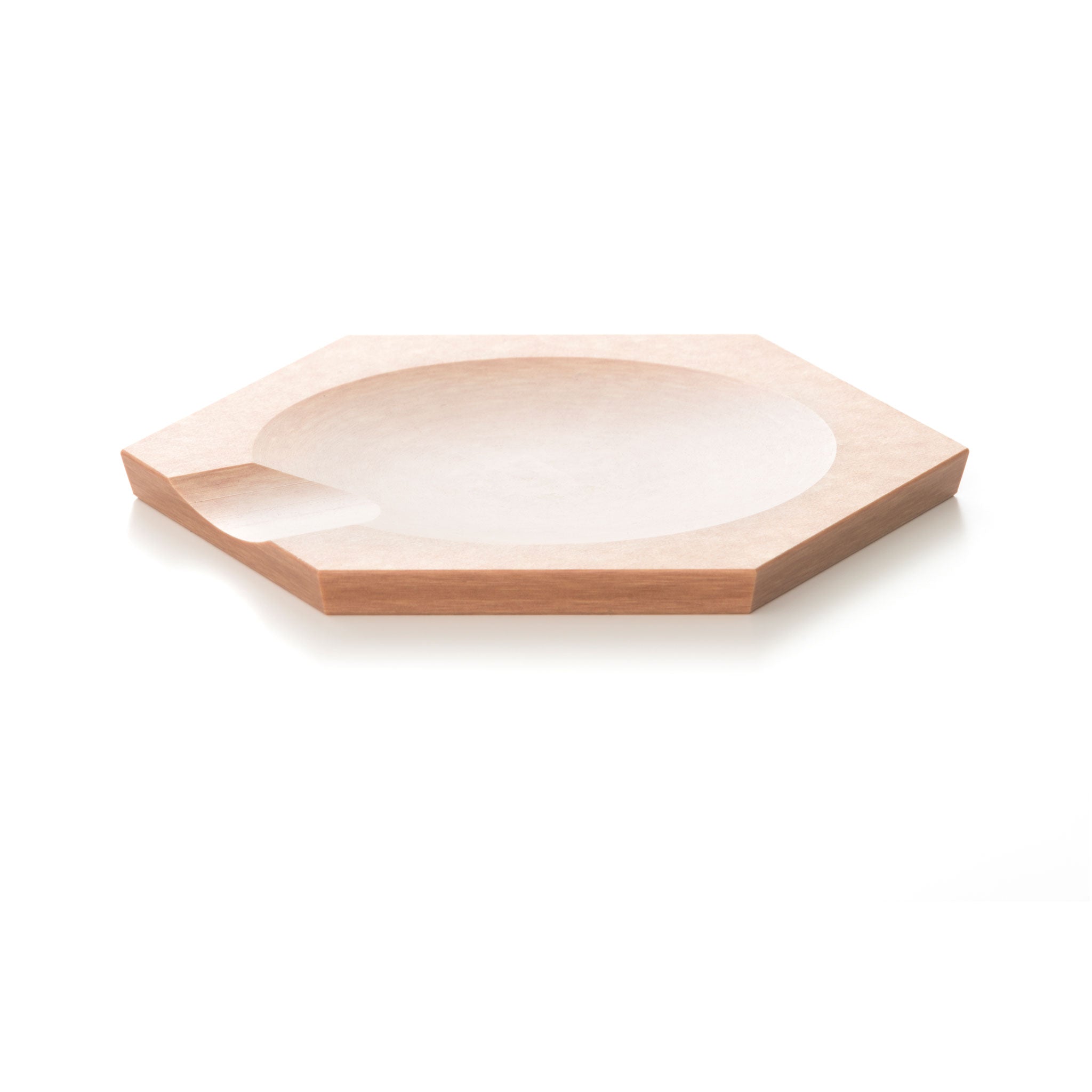 Natural hex tool rest made of wood, featuring a smooth surface and a cutout for easy handling.