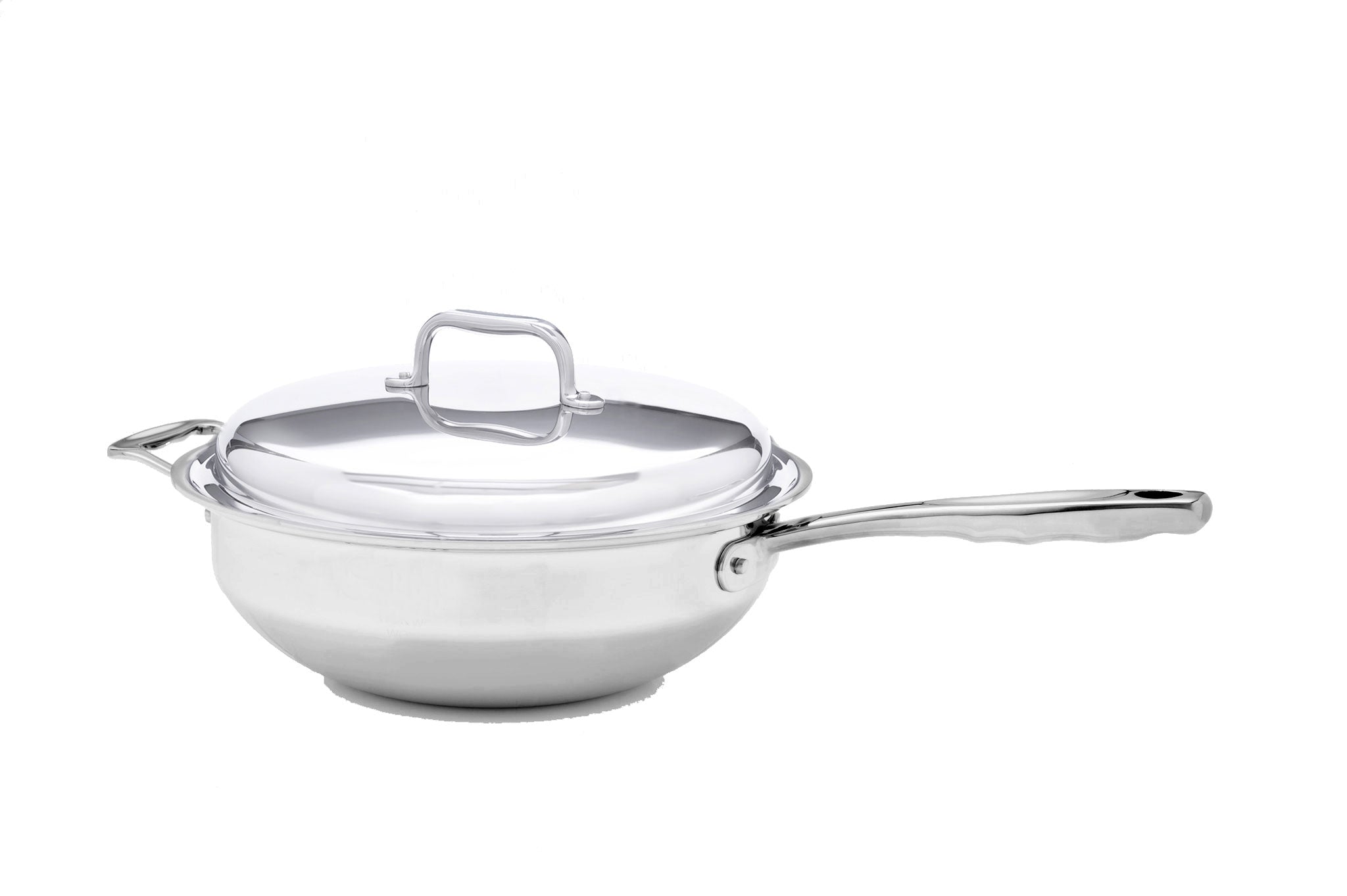 5-quart stainless steel wok with lid, showcasing its sleek design and handle.